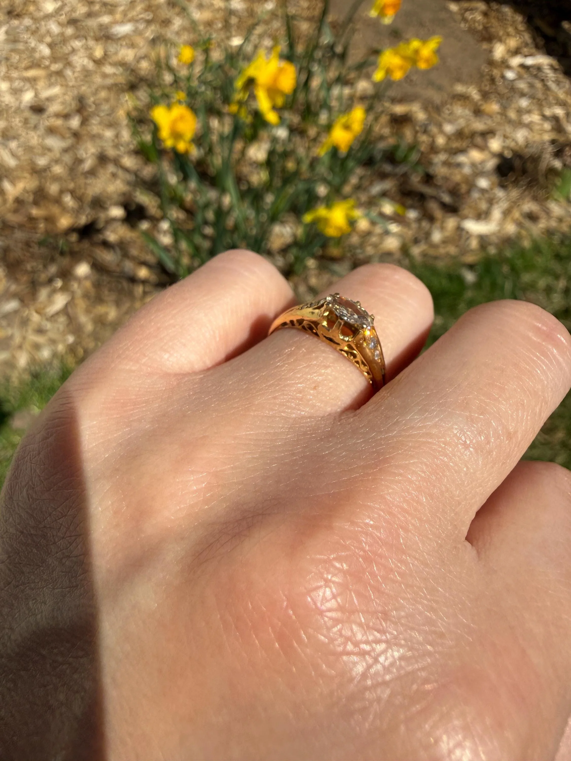 Marquise East West Old Mine Cut Ornate Filigree Ring 18k Gold French Antique Unique Band Stacker - Image 9