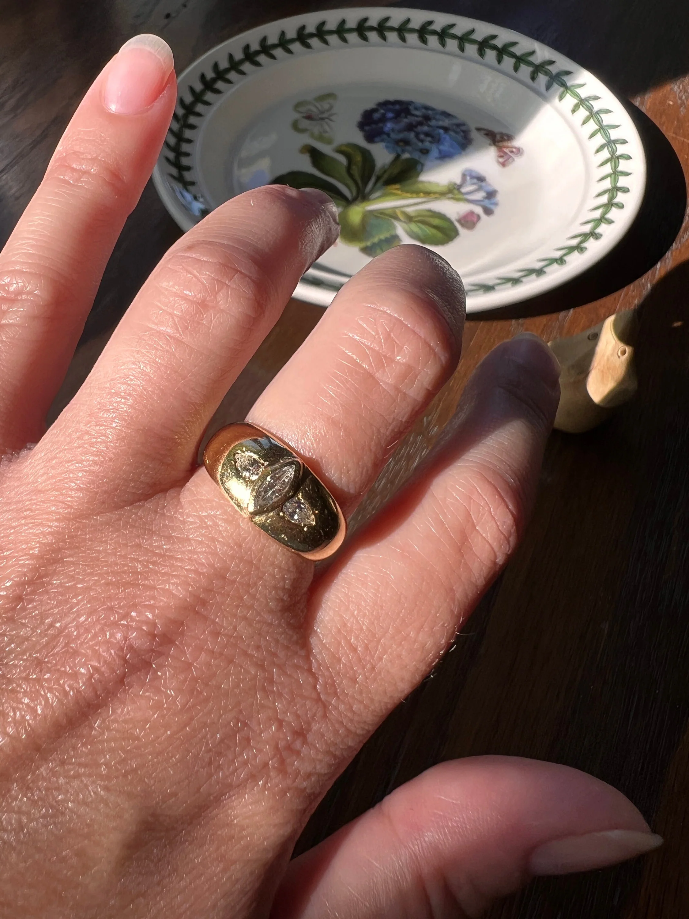 Marquise Transitional Cut DIAMOND Teardrop Pear 1/2 Carat Three Stone Gypsy Ring 18k Gold Wide Band - Image 5