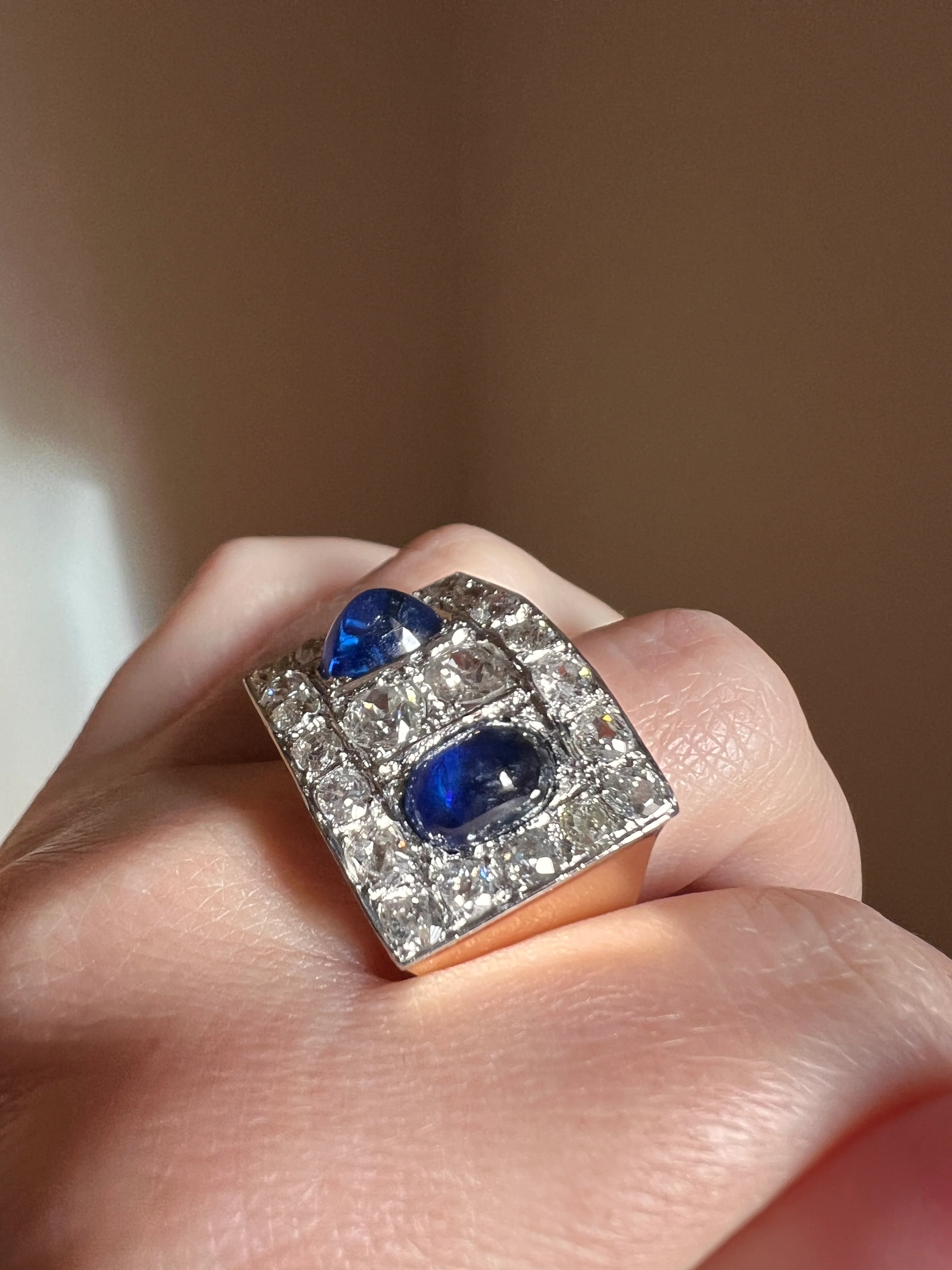 Mega 3.8 CARAT Old Mine Cut DIAMOND Two Sugarloaf Sapphire XL Heavy French Vintage 18k Gold Platinum Tank Ring Chunky Blue - Image 11