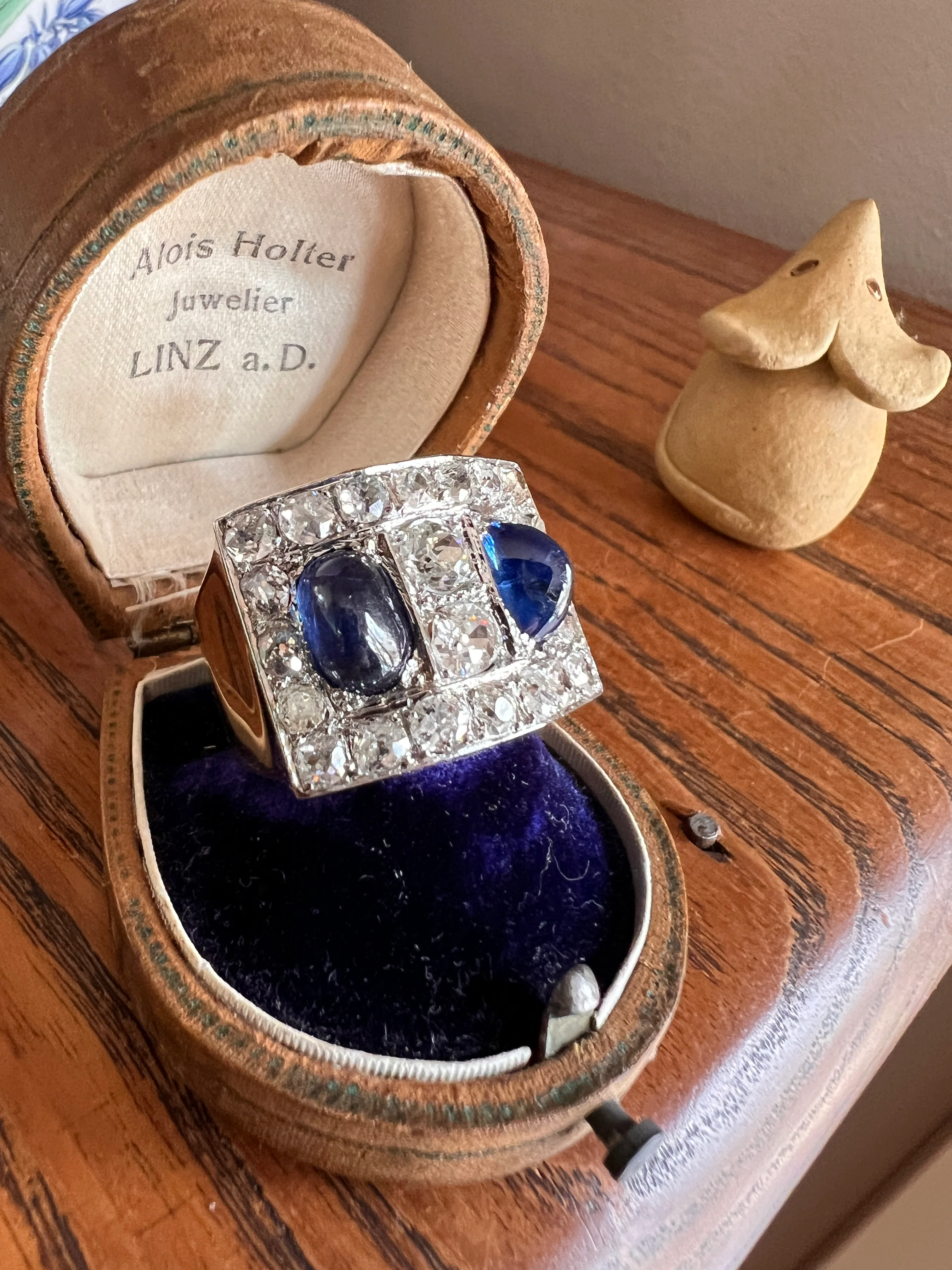 Mega 3.8 CARAT Old Mine Cut DIAMOND Two Sugarloaf Sapphire XL Heavy French Vintage 18k Gold Platinum Tank Ring Chunky Blue - Image 13