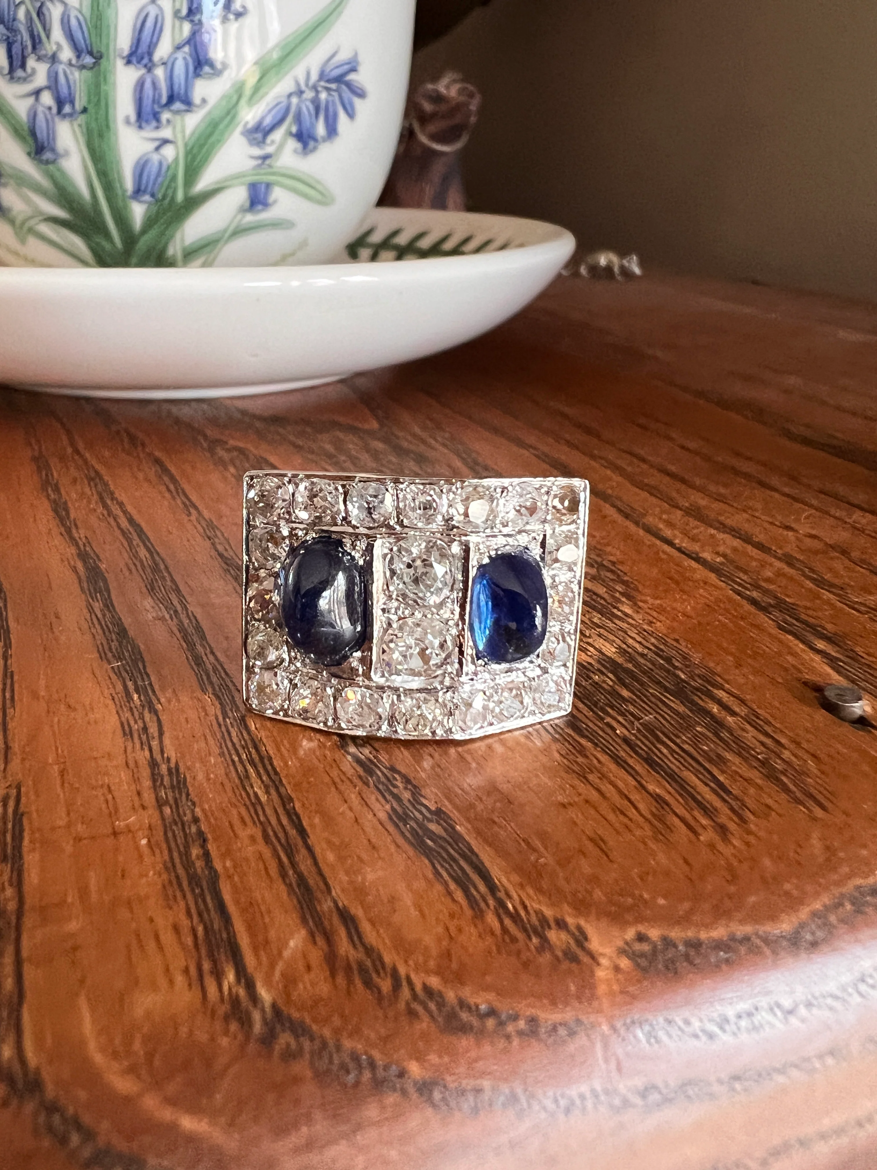 Mega 3.8 CARAT Old Mine Cut DIAMOND Two Sugarloaf Sapphire XL Heavy French Vintage 18k Gold Platinum Tank Ring Chunky Blue - Image 15