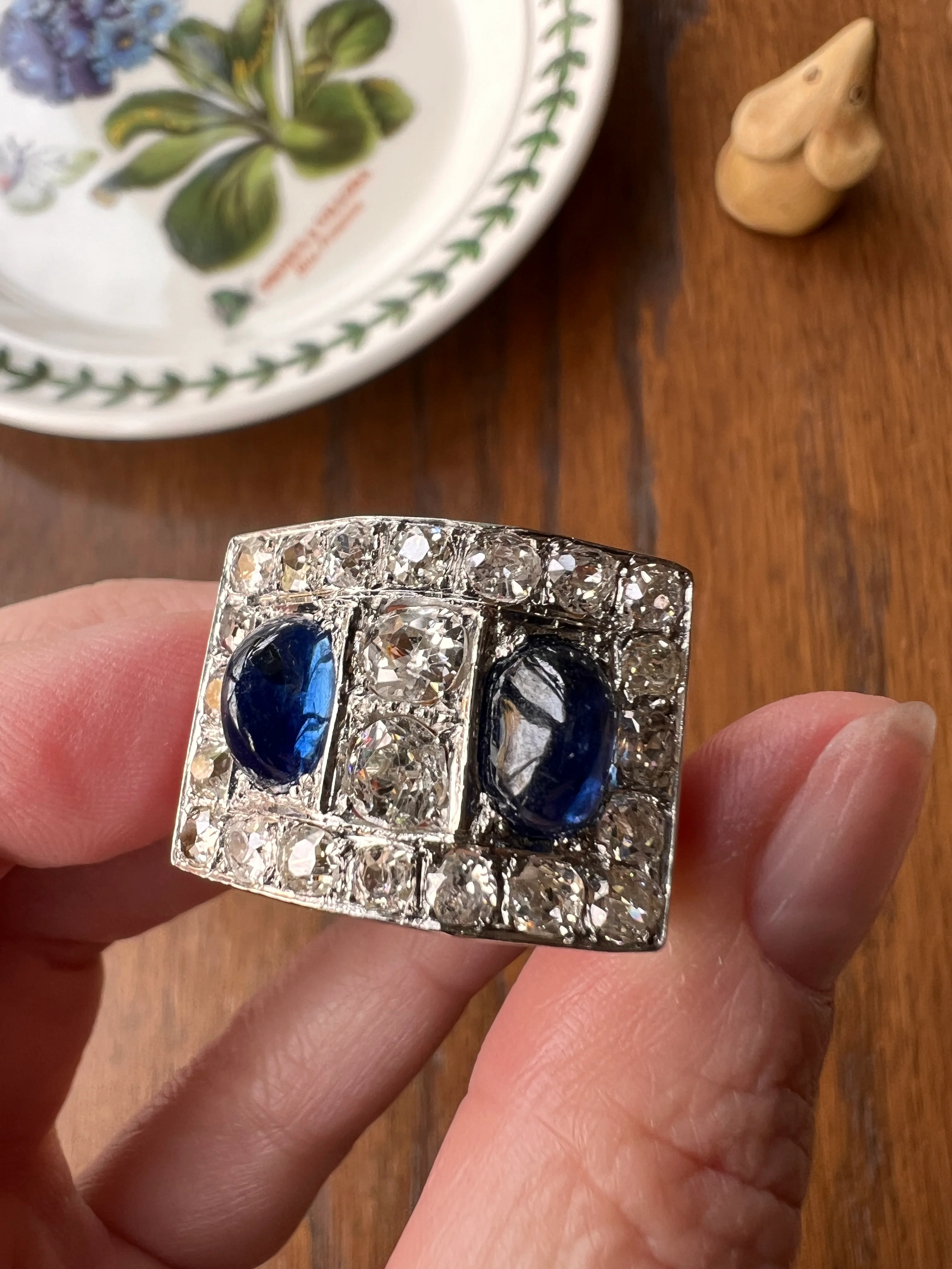 Mega 3.8 CARAT Old Mine Cut DIAMOND Two Sugarloaf Sapphire XL Heavy French Vintage 18k Gold Platinum Tank Ring Chunky Blue - Image 16