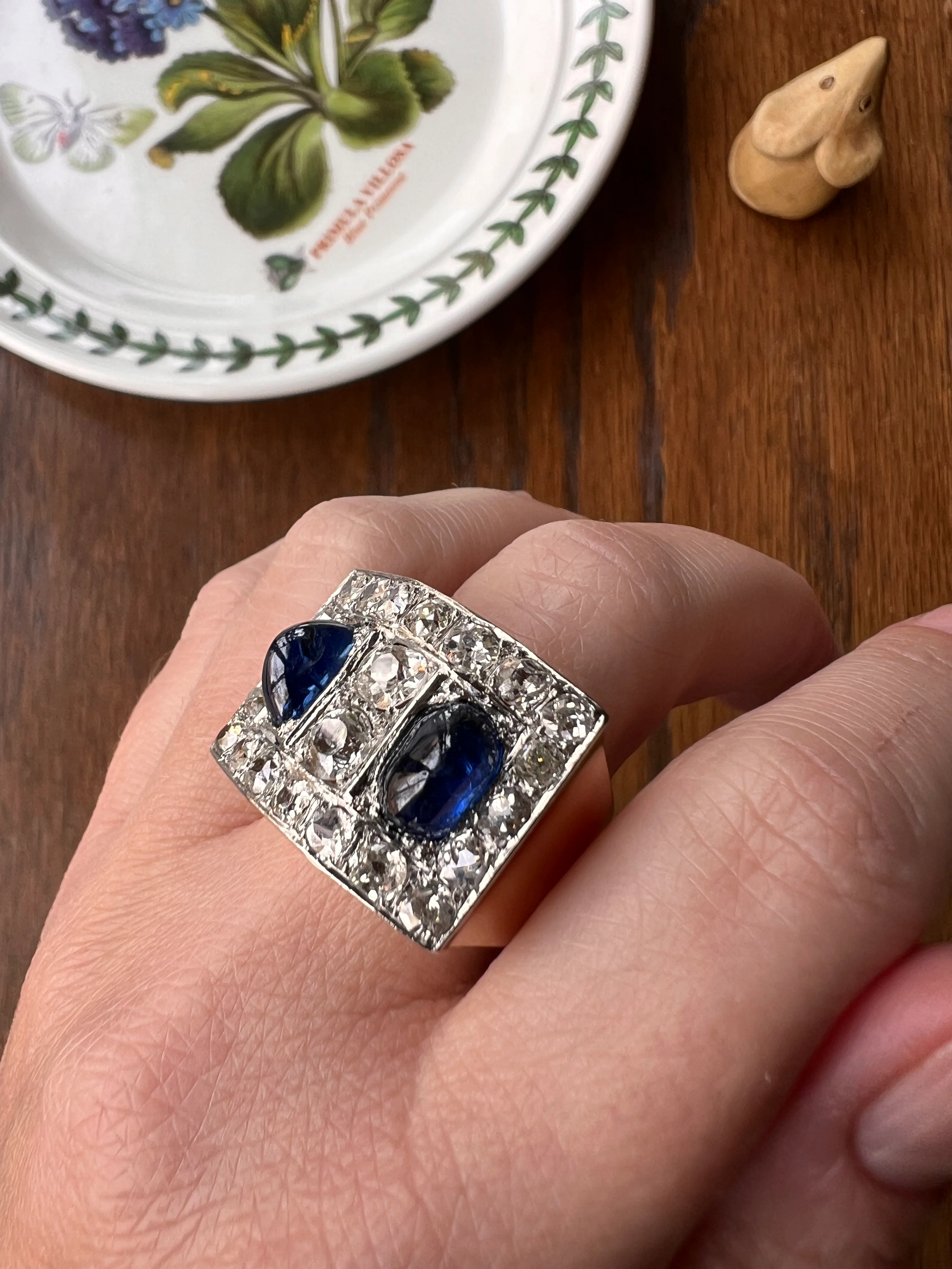 Mega 3.8 CARAT Old Mine Cut DIAMOND Two Sugarloaf Sapphire XL Heavy French Vintage 18k Gold Platinum Tank Ring Chunky Blue - Image 17