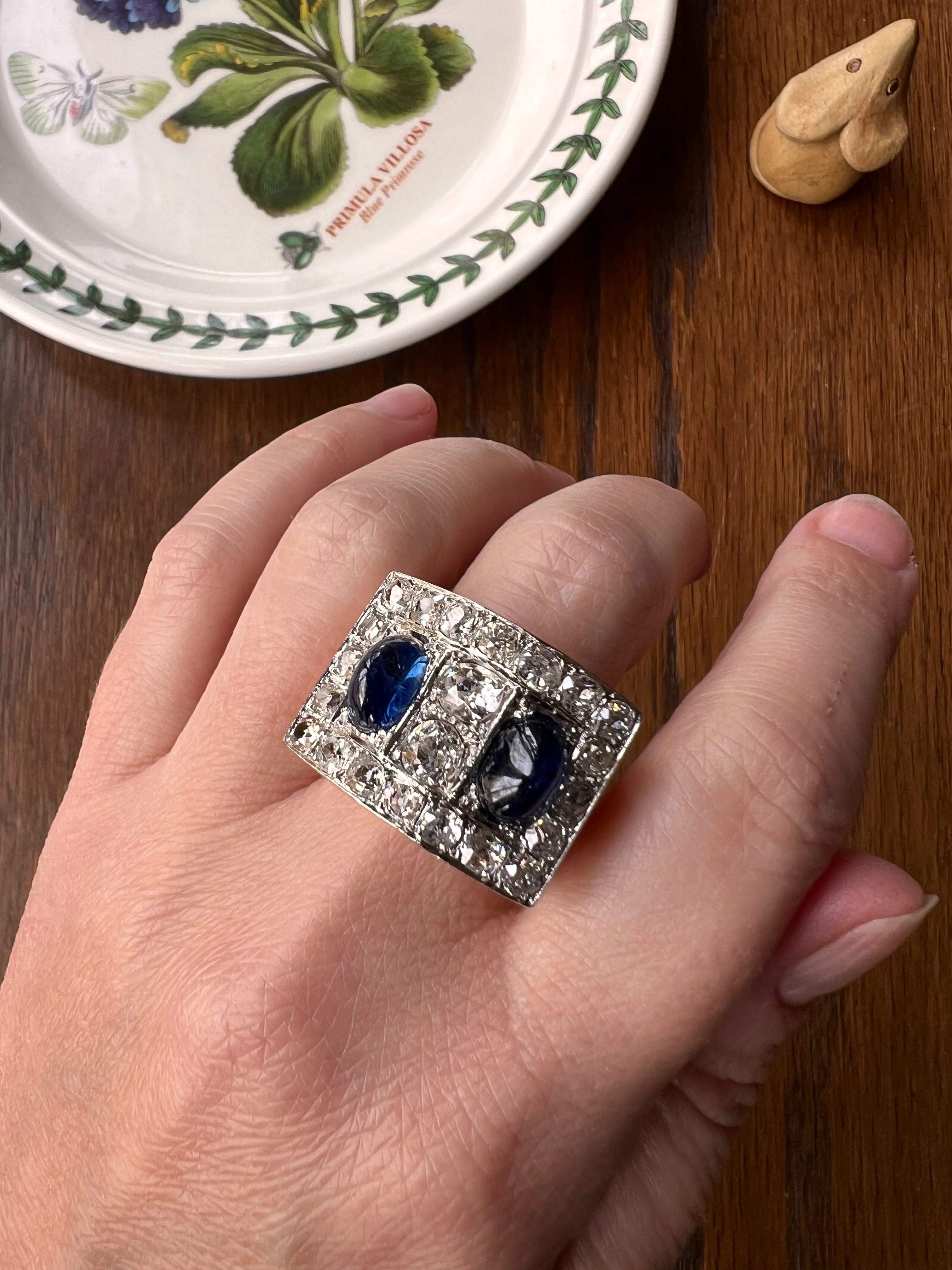 Mega 3.8 CARAT Old Mine Cut DIAMOND Two Sugarloaf Sapphire XL Heavy French Vintage 18k Gold Platinum Tank Ring Chunky Blue - Image 18