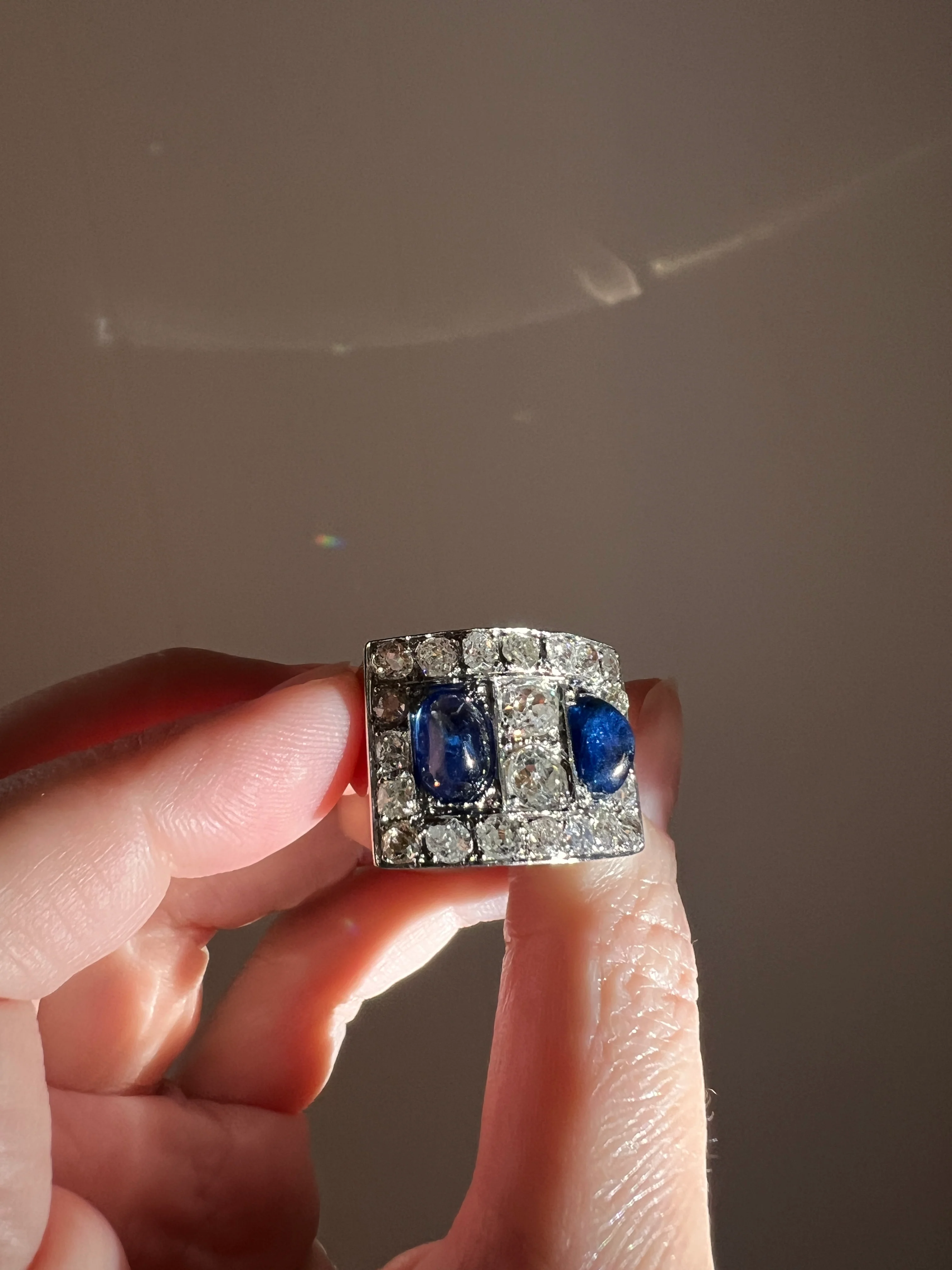 Mega 3.8 CARAT Old Mine Cut DIAMOND Two Sugarloaf Sapphire XL Heavy French Vintage 18k Gold Platinum Tank Ring Chunky Blue - Image 19