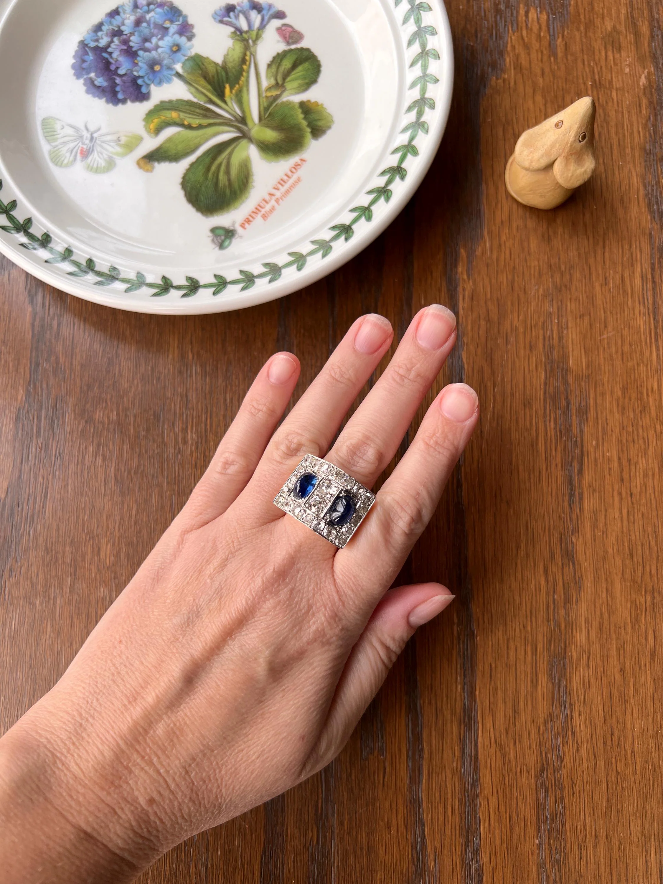 Mega 3.8 CARAT Old Mine Cut DIAMOND Two Sugarloaf Sapphire XL Heavy French Vintage 18k Gold Platinum Tank Ring Chunky Blue - Image 2