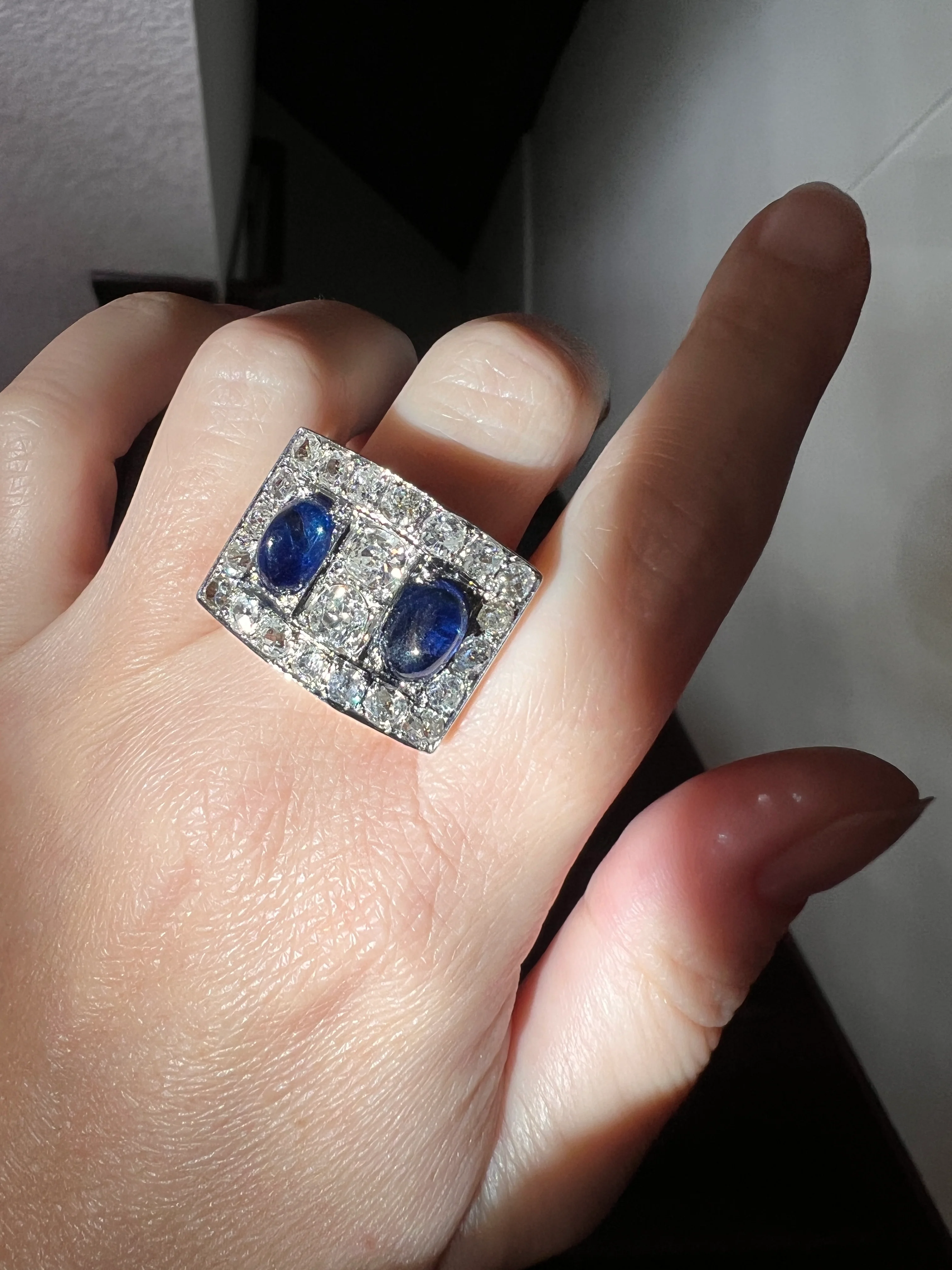 Mega 3.8 CARAT Old Mine Cut DIAMOND Two Sugarloaf Sapphire XL Heavy French Vintage 18k Gold Platinum Tank Ring Chunky Blue - Image 20