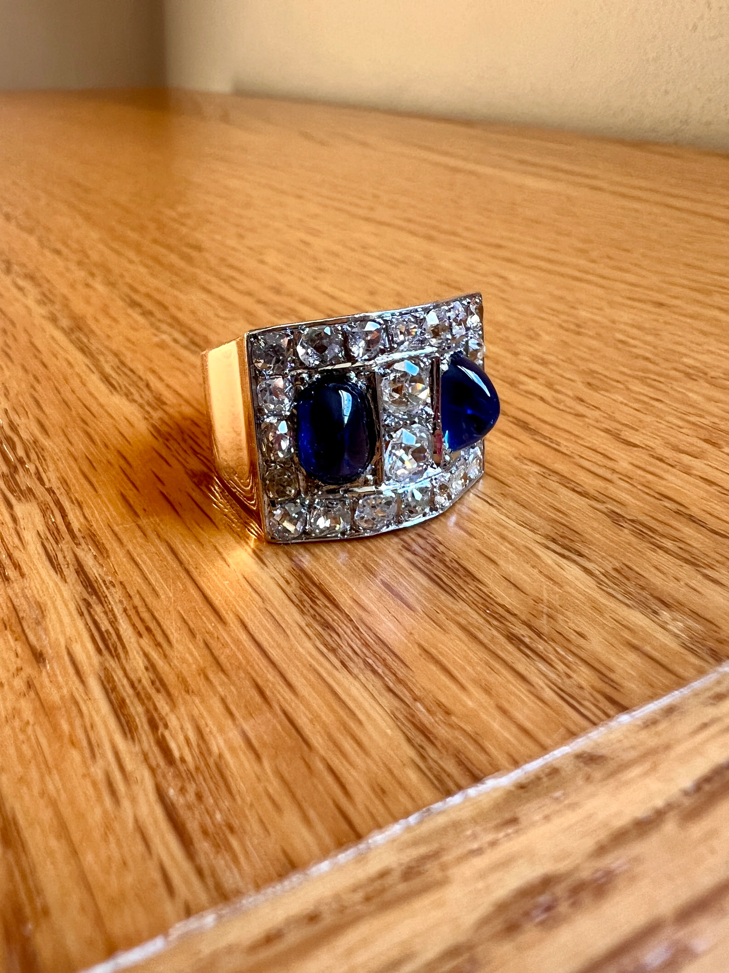 Mega 3.8 CARAT Old Mine Cut DIAMOND Two Sugarloaf Sapphire XL Heavy French Vintage 18k Gold Platinum Tank Ring Chunky Blue - Image 21