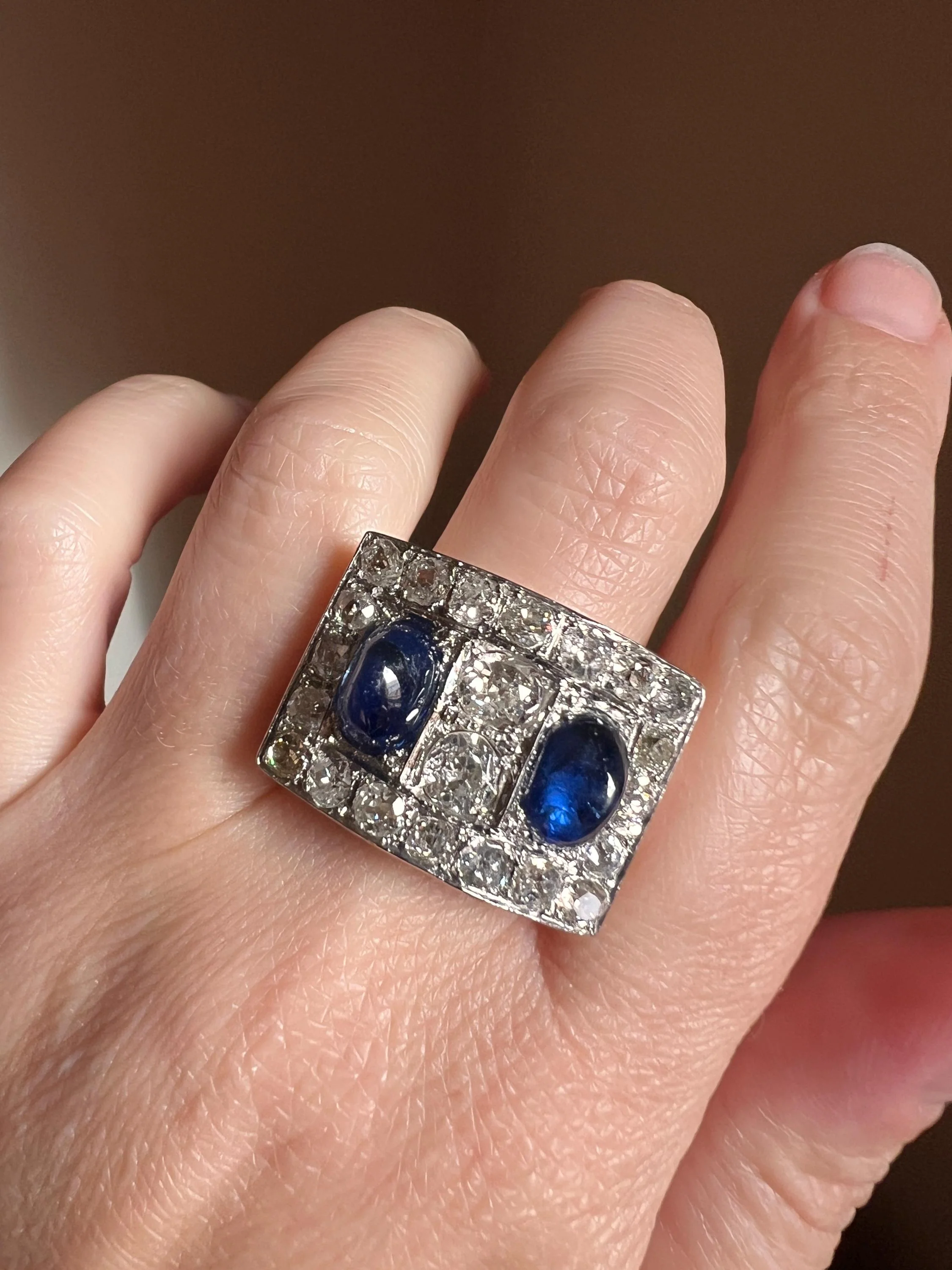 Mega 3.8 CARAT Old Mine Cut DIAMOND Two Sugarloaf Sapphire XL Heavy French Vintage 18k Gold Platinum Tank Ring Chunky Blue - Image 3