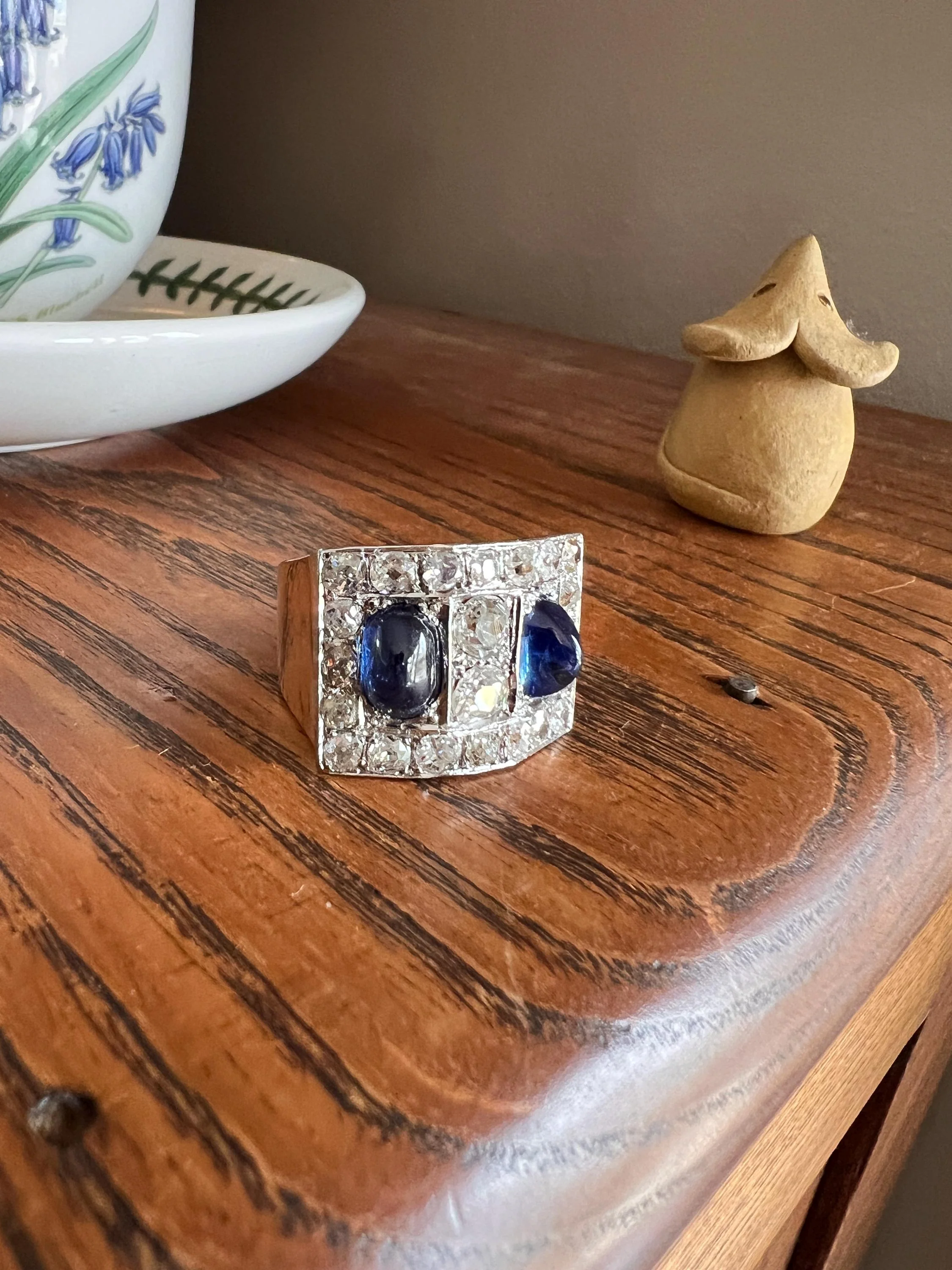 Mega 3.8 CARAT Old Mine Cut DIAMOND Two Sugarloaf Sapphire XL Heavy French Vintage 18k Gold Platinum Tank Ring Chunky Blue - Image 4