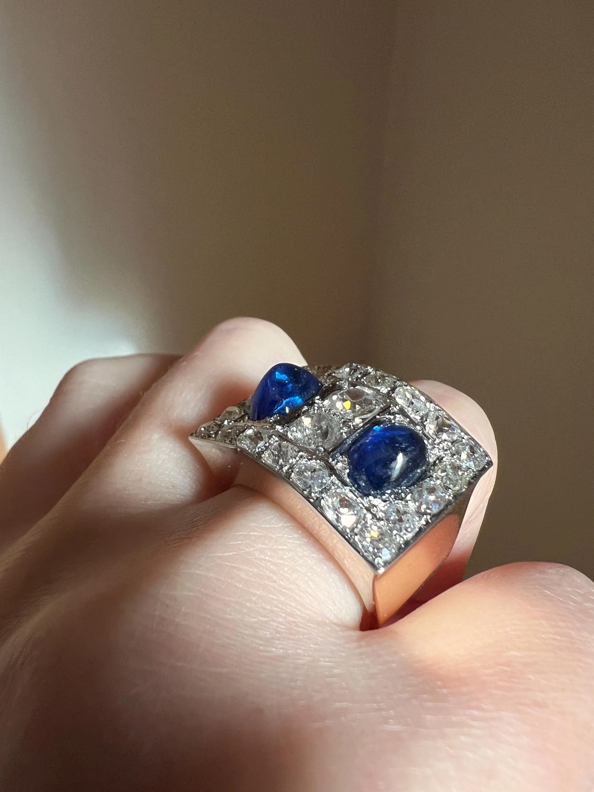 Mega 3.8 CARAT Old Mine Cut DIAMOND Two Sugarloaf Sapphire XL Heavy French Vintage 18k Gold Platinum Tank Ring Chunky Blue - Image 5
