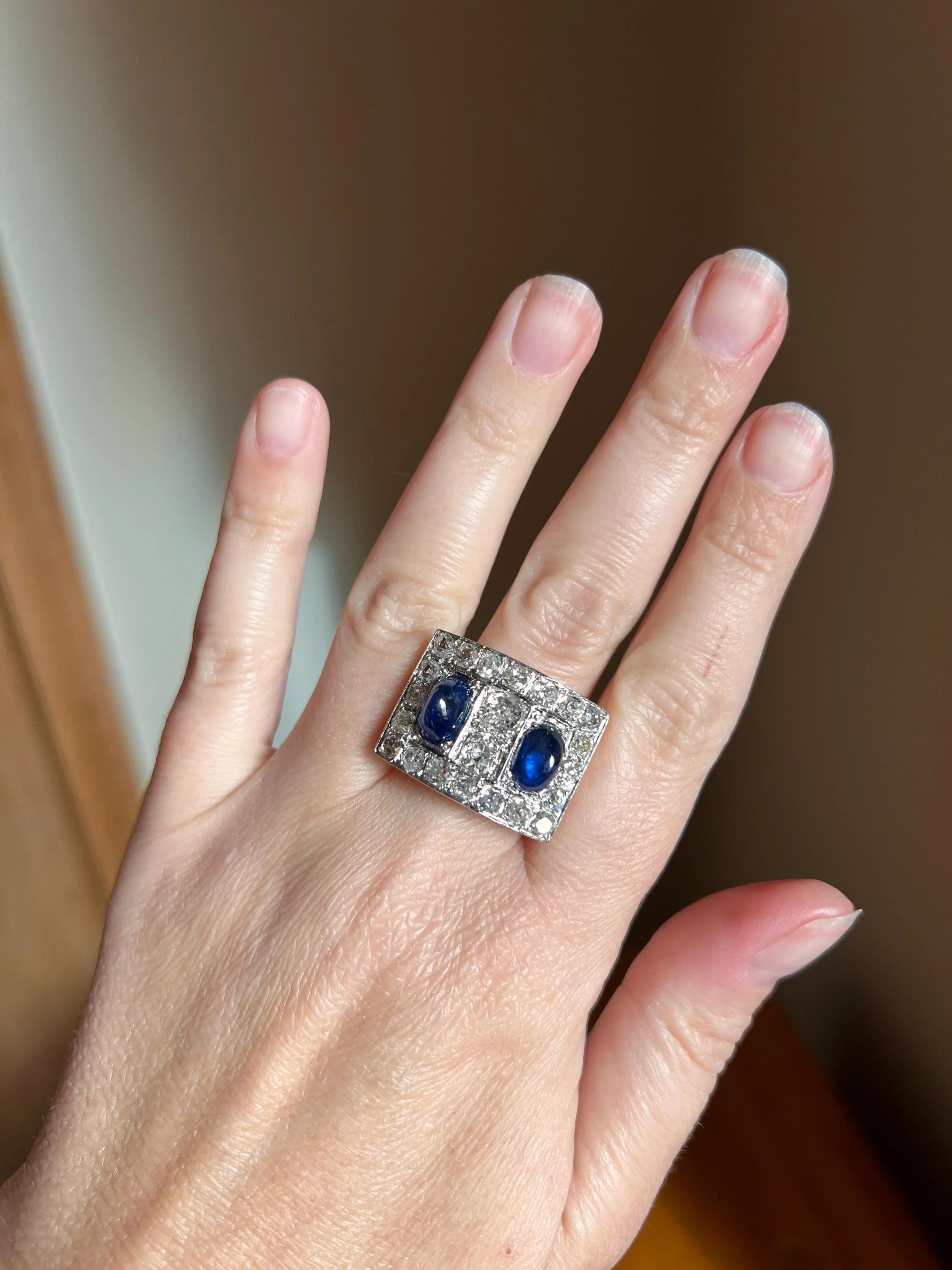 Mega 3.8 CARAT Old Mine Cut DIAMOND Two Sugarloaf Sapphire XL Heavy French Vintage 18k Gold Platinum Tank Ring Chunky Blue - Image 7