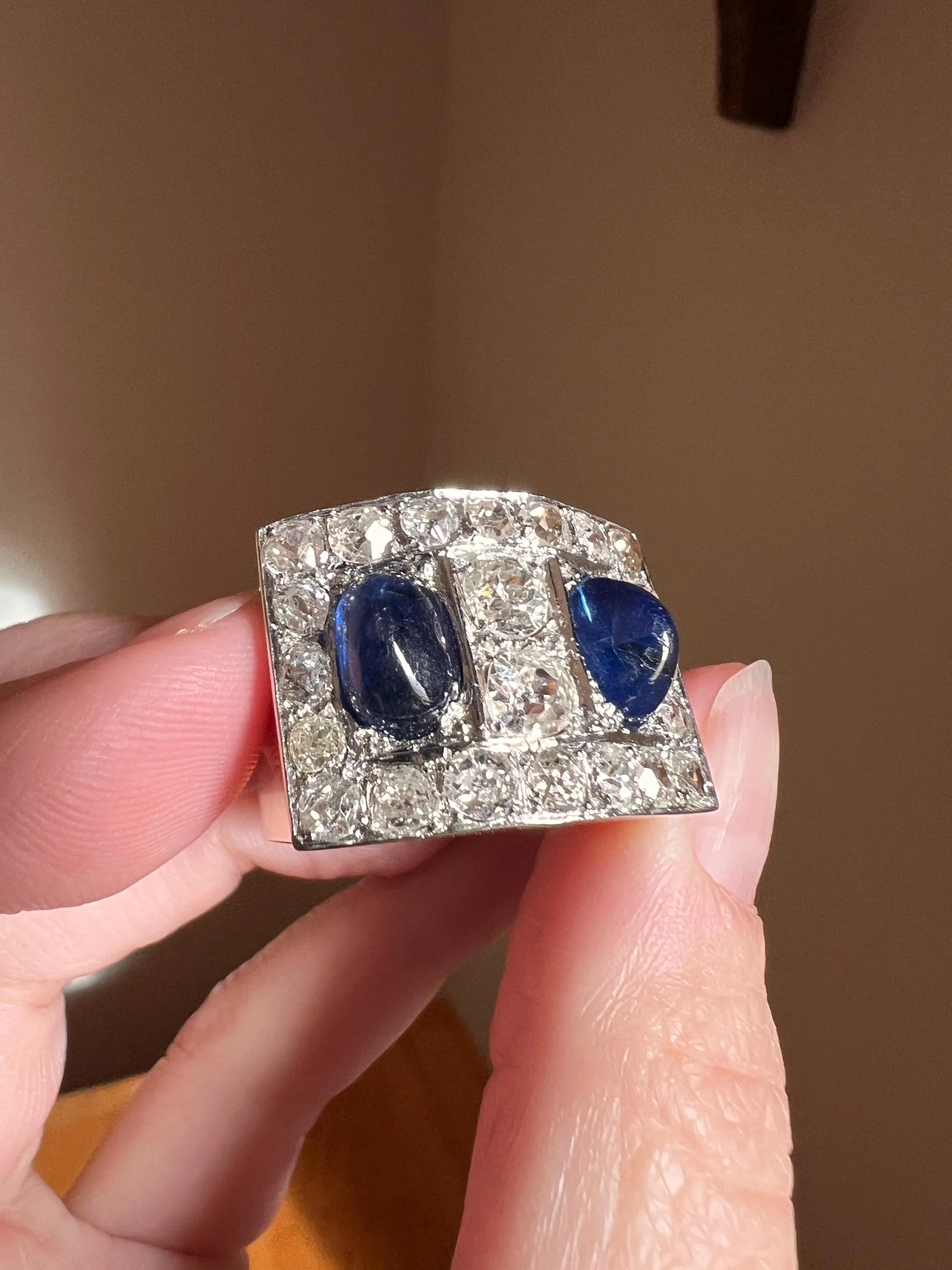 Mega 3.8 CARAT Old Mine Cut DIAMOND Two Sugarloaf Sapphire XL Heavy French Vintage 18k Gold Platinum Tank Ring Chunky Blue - Image 8