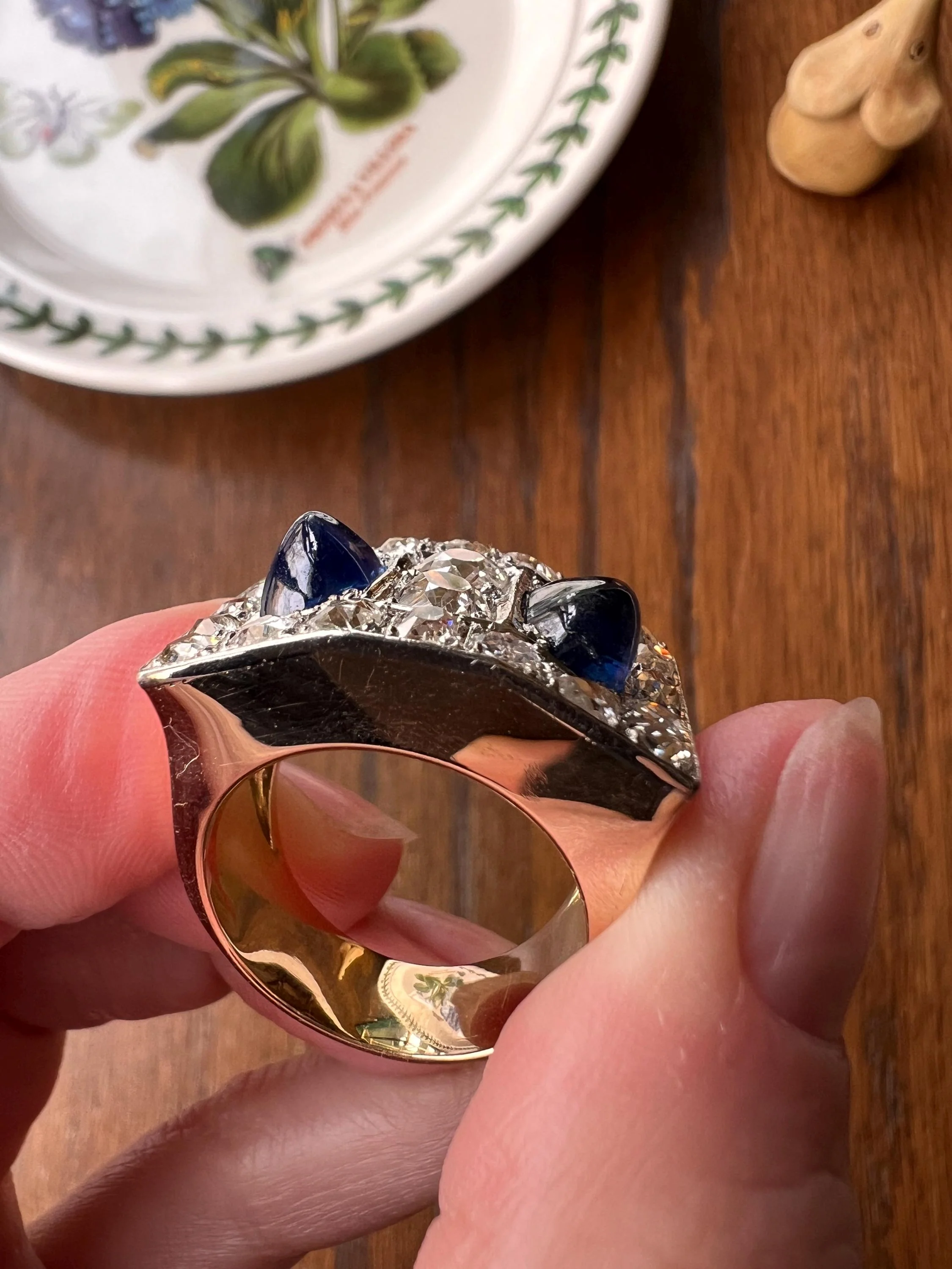 Mega 3.8 CARAT Old Mine Cut DIAMOND Two Sugarloaf Sapphire XL Heavy French Vintage 18k Gold Platinum Tank Ring Chunky Blue - Image 9