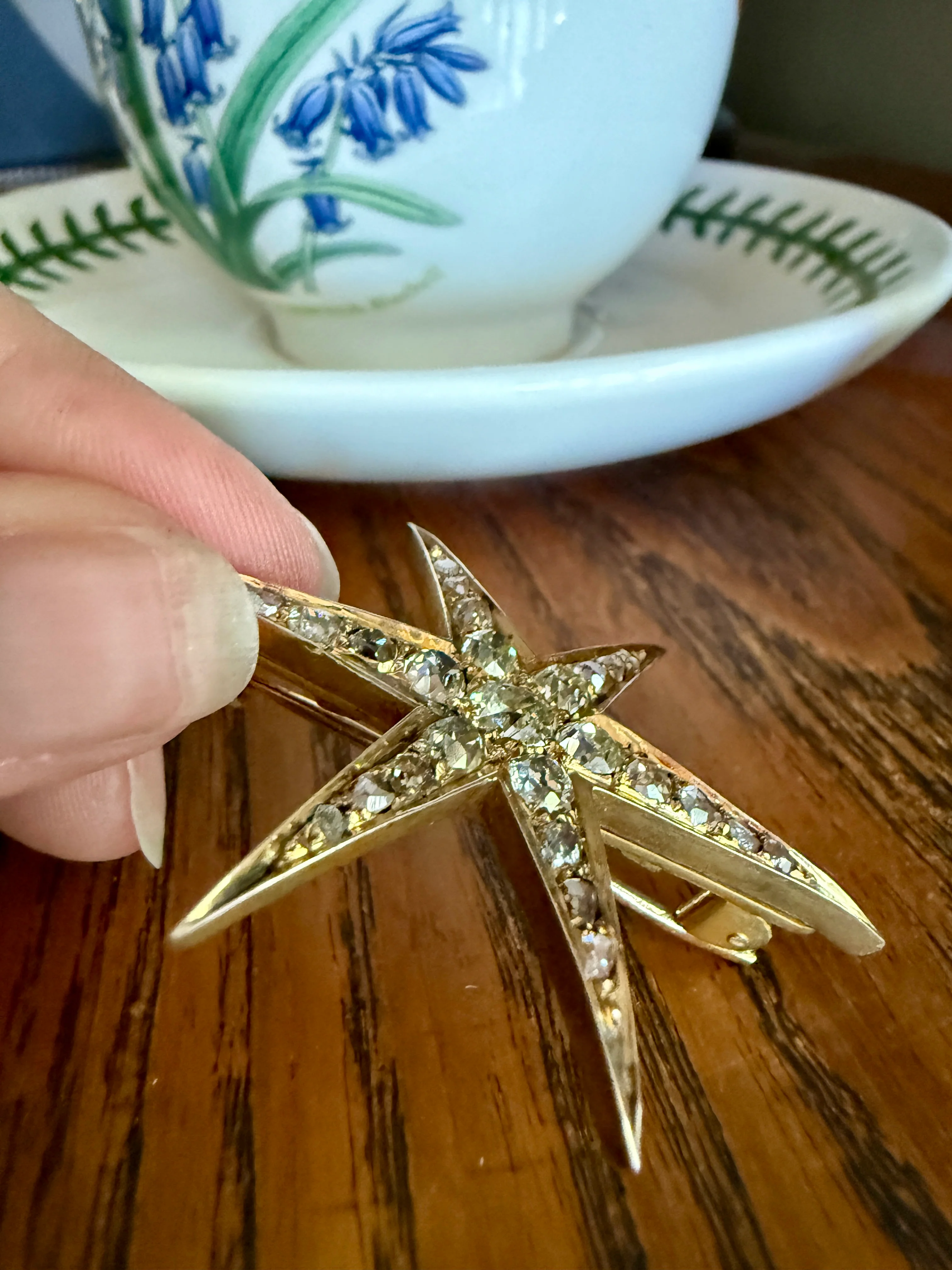 Mega STAR Antique 2.5 Carat 27 Rose Old Mine Cut DIAMOND Cluster Pin Brooch for Pendant Gilt Metal & 10k Gold - Image 11