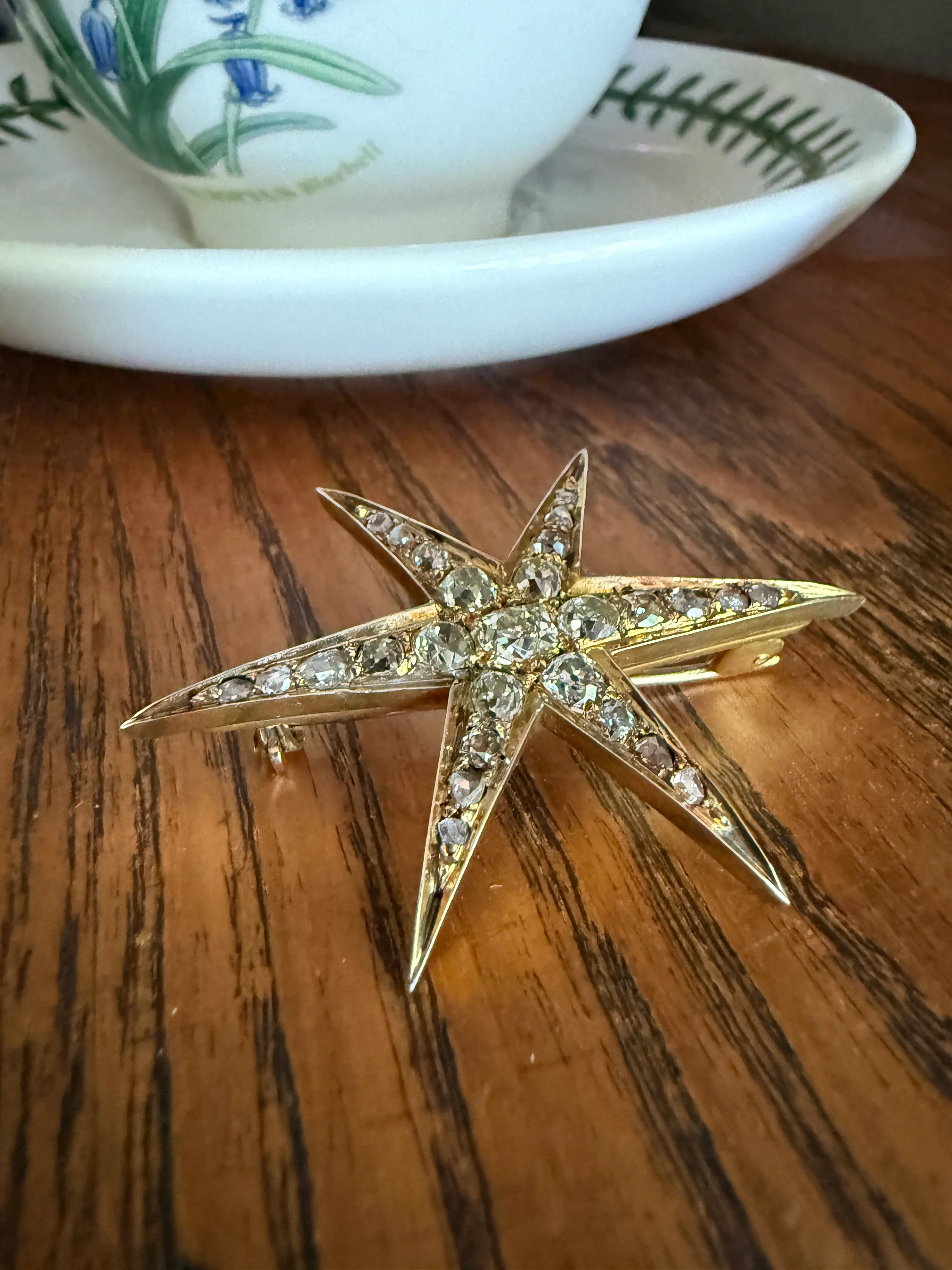 Mega STAR Antique 2.5 Carat 27 Rose Old Mine Cut DIAMOND Cluster Pin Brooch for Pendant Gilt Metal & 10k Gold - Image 12