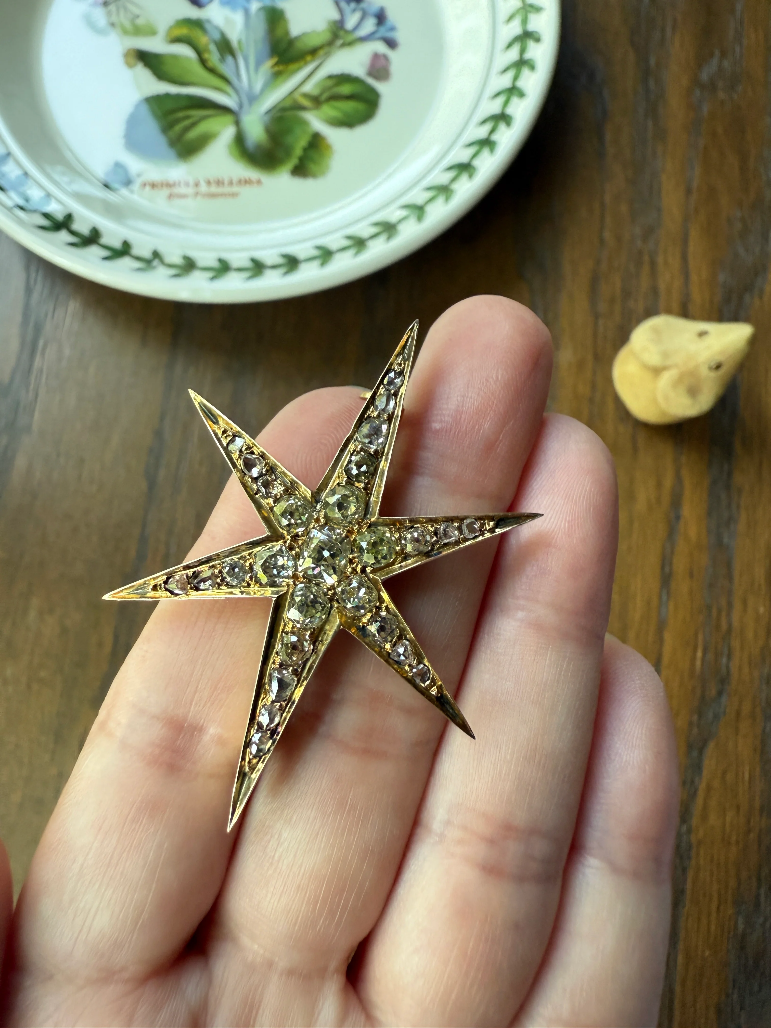 Mega STAR Antique 2.5 Carat 27 Rose Old Mine Cut DIAMOND Cluster Pin Brooch for Pendant Gilt Metal & 10k Gold - Image 16