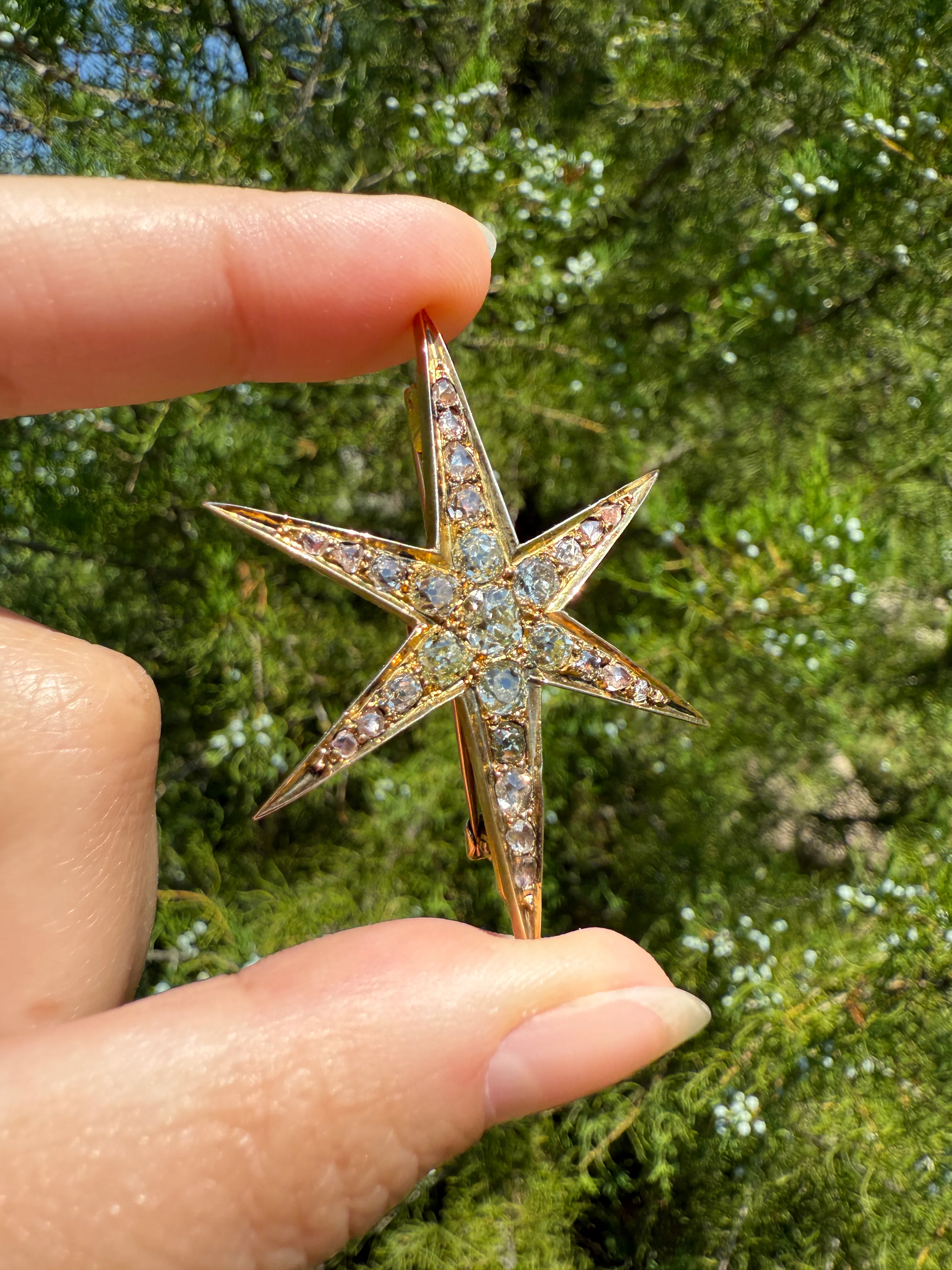 Mega STAR Antique 2.5 Carat 27 Rose Old Mine Cut DIAMOND Cluster Pin Brooch for Pendant Gilt Metal & 10k Gold - Image 23