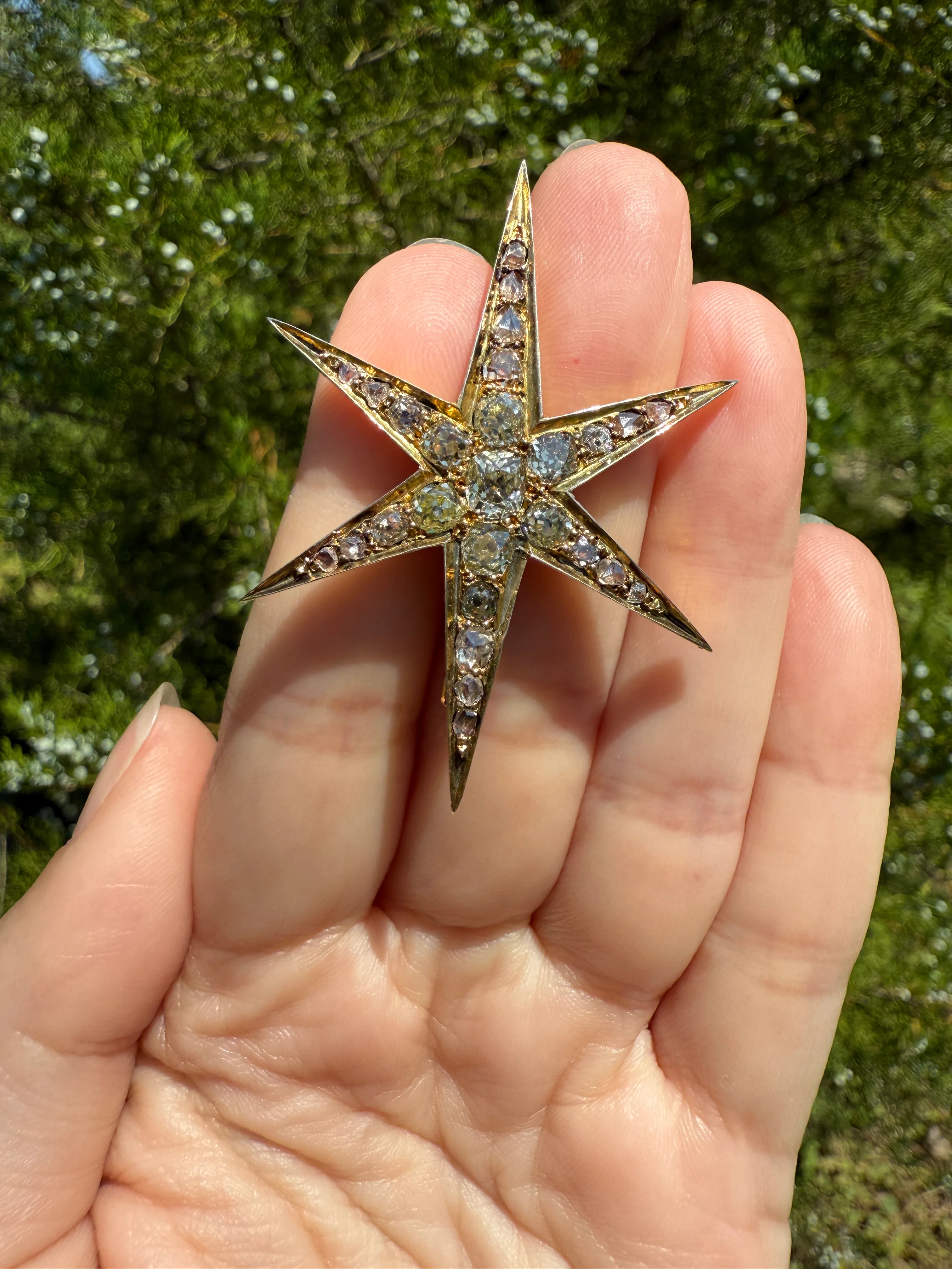 Mega STAR Antique 2.5 Carat 27 Rose Old Mine Cut DIAMOND Cluster Pin Brooch for Pendant Gilt Metal & 10k Gold - Image 25