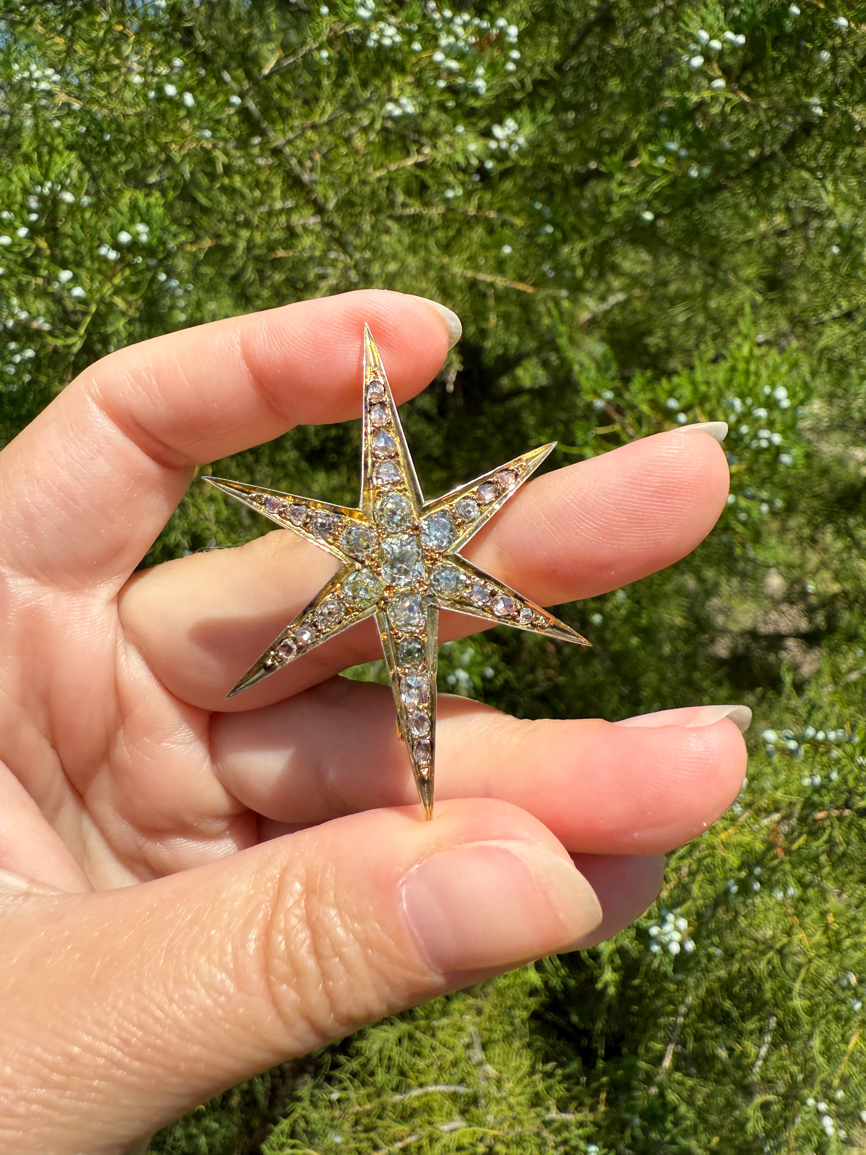 Mega STAR Antique 2.5 Carat 27 Rose Old Mine Cut DIAMOND Cluster Pin Brooch for Pendant Gilt Metal & 10k Gold - Image 26