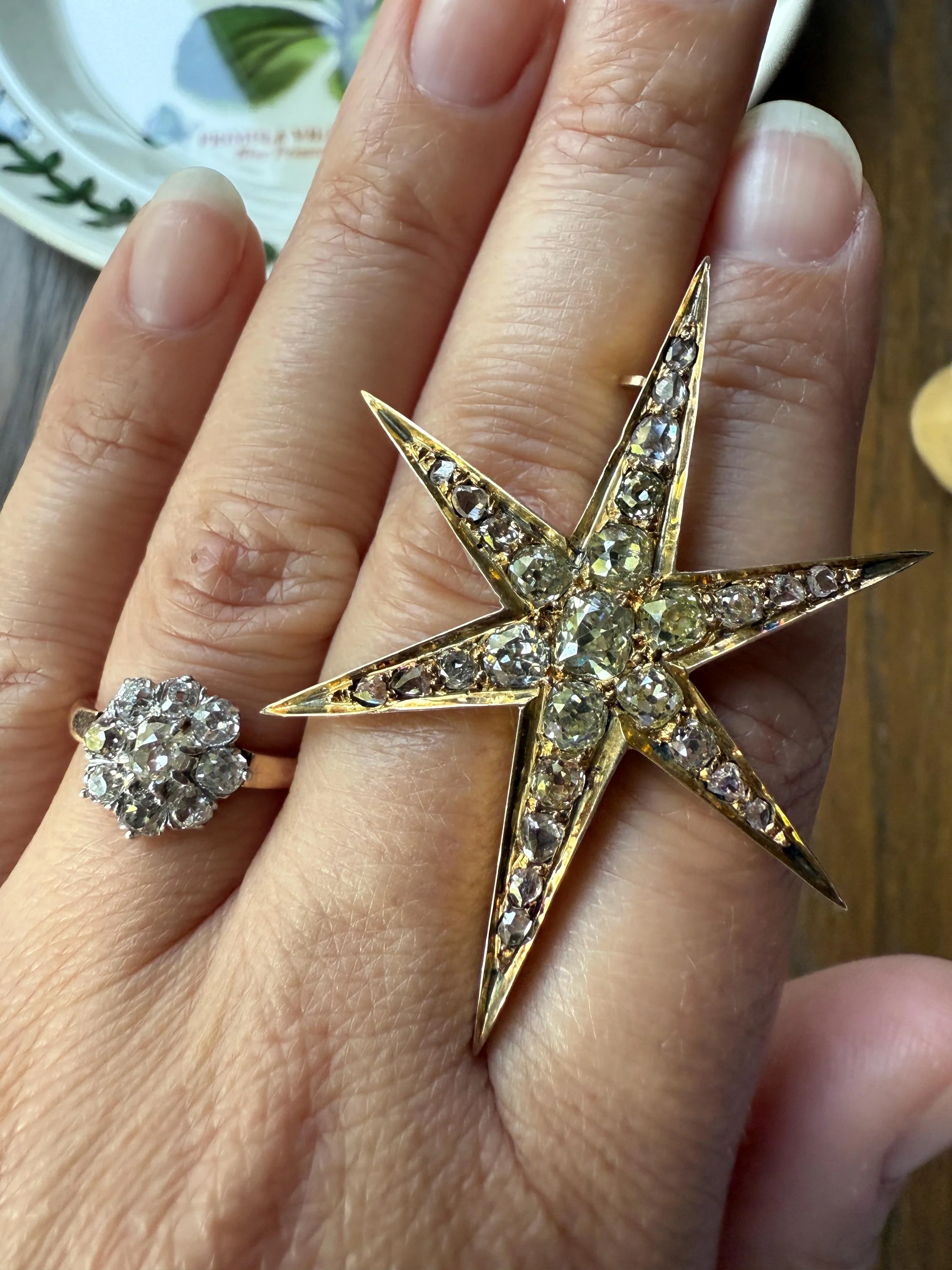 Mega STAR Antique 2.5 Carat 27 Rose Old Mine Cut DIAMOND Cluster Pin Brooch for Pendant Gilt Metal & 10k Gold - Image 9
