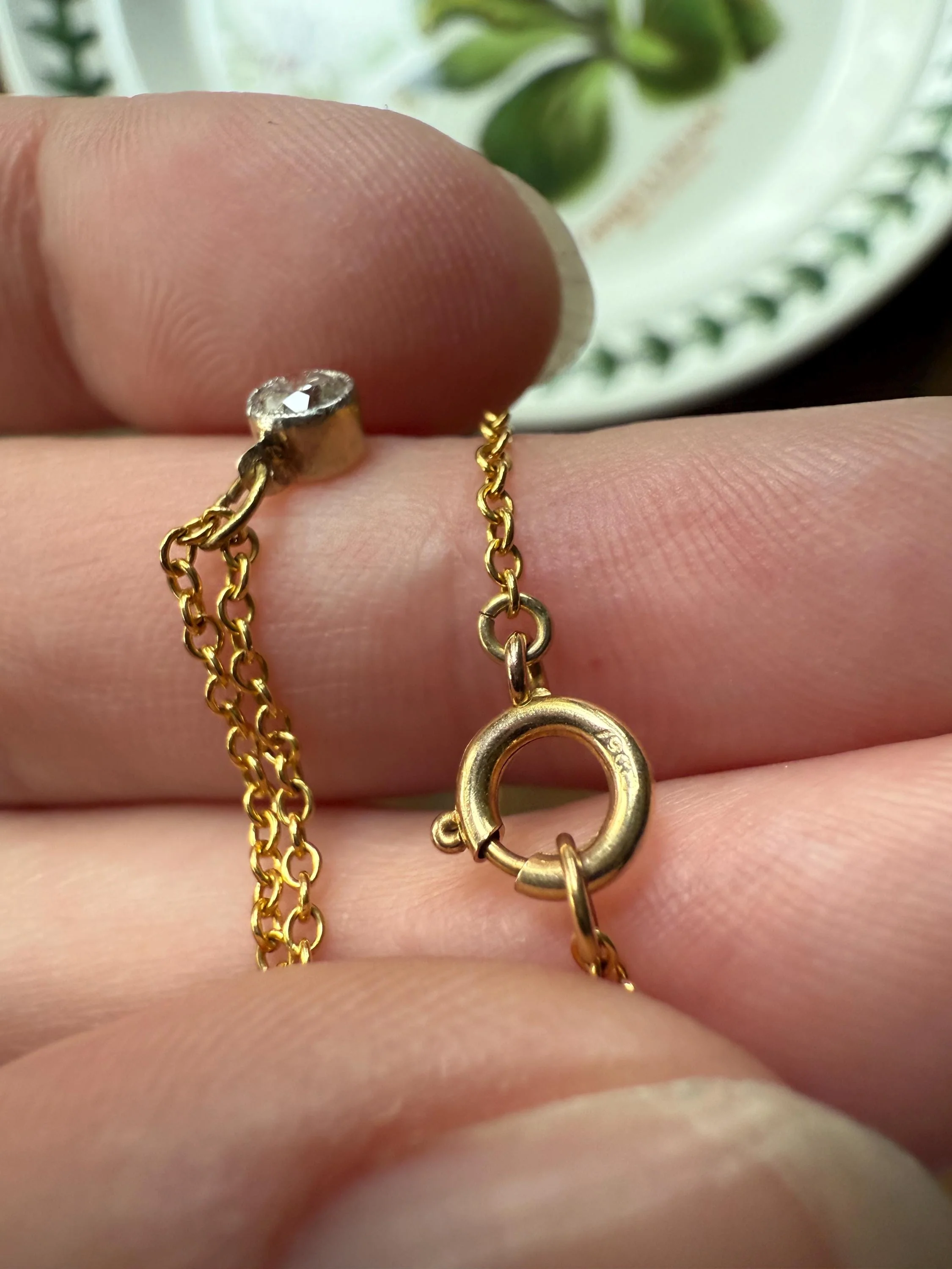 Minimalist 3.5mm Old European Cut Diamond Dainty Antique 14k Gold Pendant on Vintage 9k Gold Chain 2g 16.5" Short Milgrain Bezel - Image 12