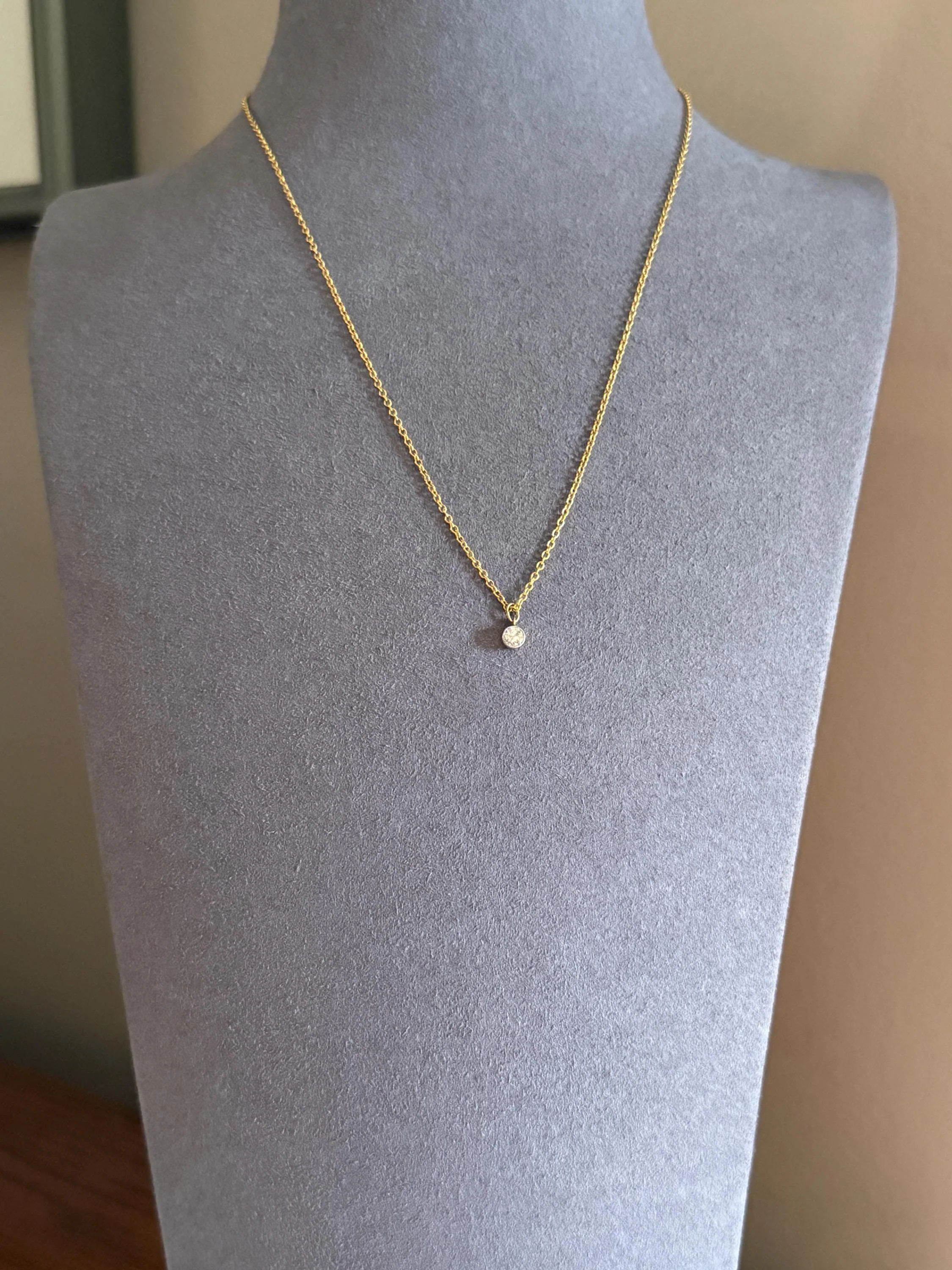 Minimalist 3.5mm Old European Cut Diamond Dainty Antique 14k Gold Pendant on Vintage 9k Gold Chain 2g 16.5" Short Milgrain Bezel - Image 2