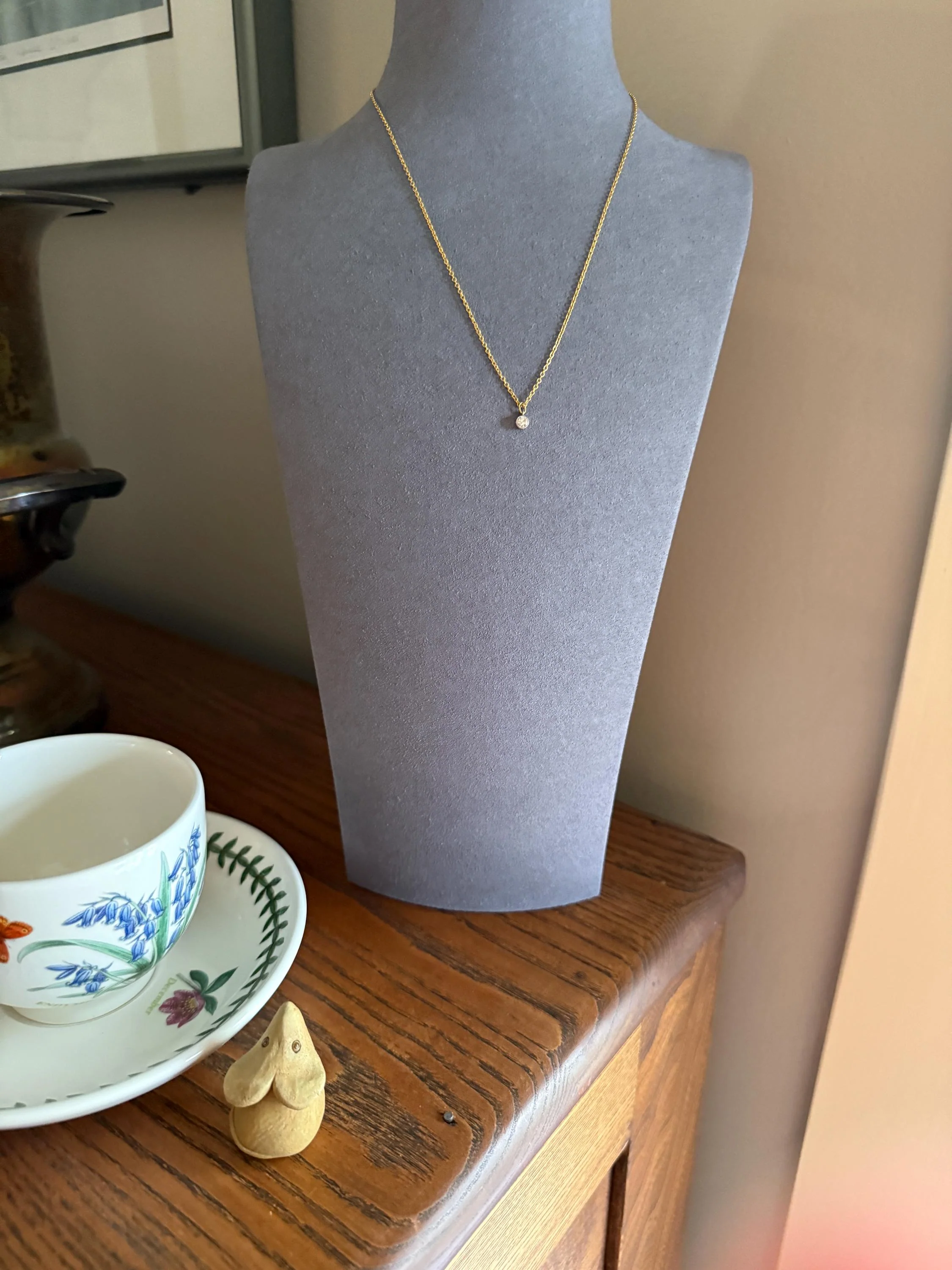 Minimalist 3.5mm Old European Cut Diamond Dainty Antique 14k Gold Pendant on Vintage 9k Gold Chain 2g 16.5" Short Milgrain Bezel - Image 3