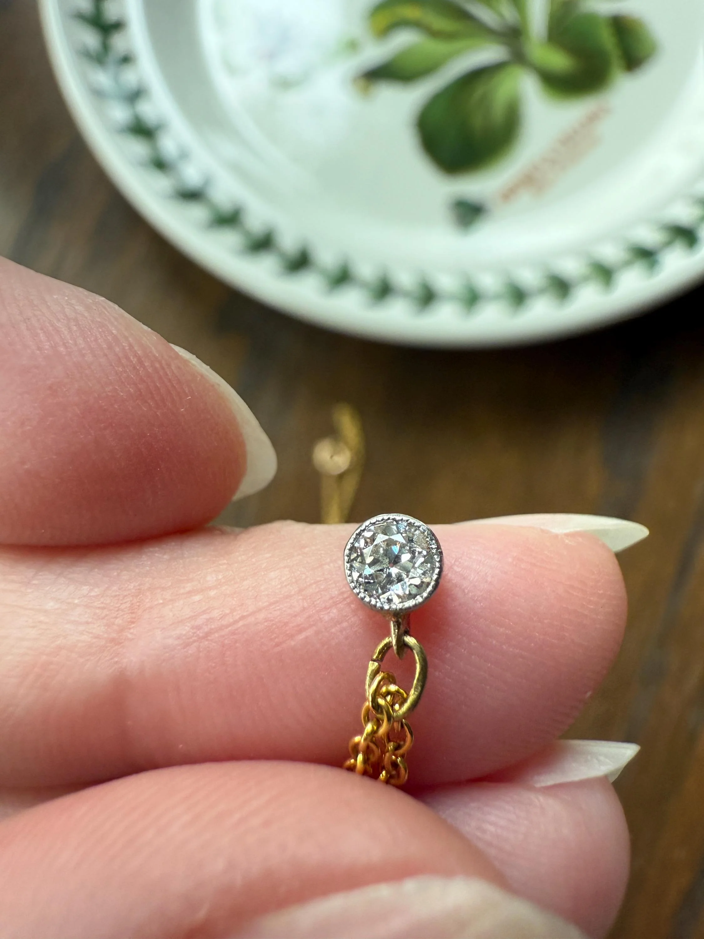 Minimalist 3.5mm Old European Cut Diamond Dainty Antique 14k Gold Pendant on Vintage 9k Gold Chain 2g 16.5" Short Milgrain Bezel - Image 4