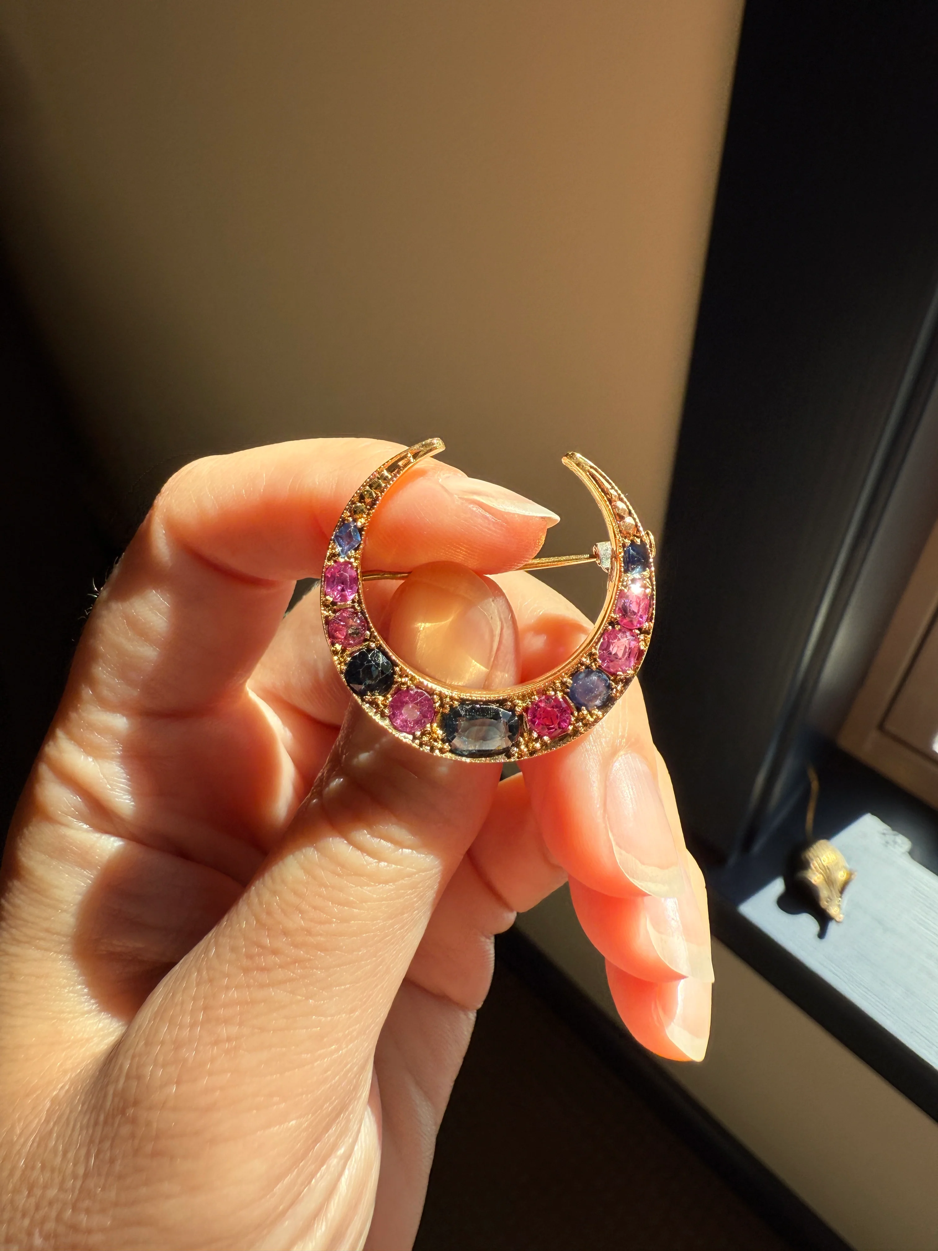 MOON Alternating Pink & Blue SAPPHIRE French Victorian ANTIQUE Pin Brooch for Pendant Romantic Gift Victorian - Image 12
