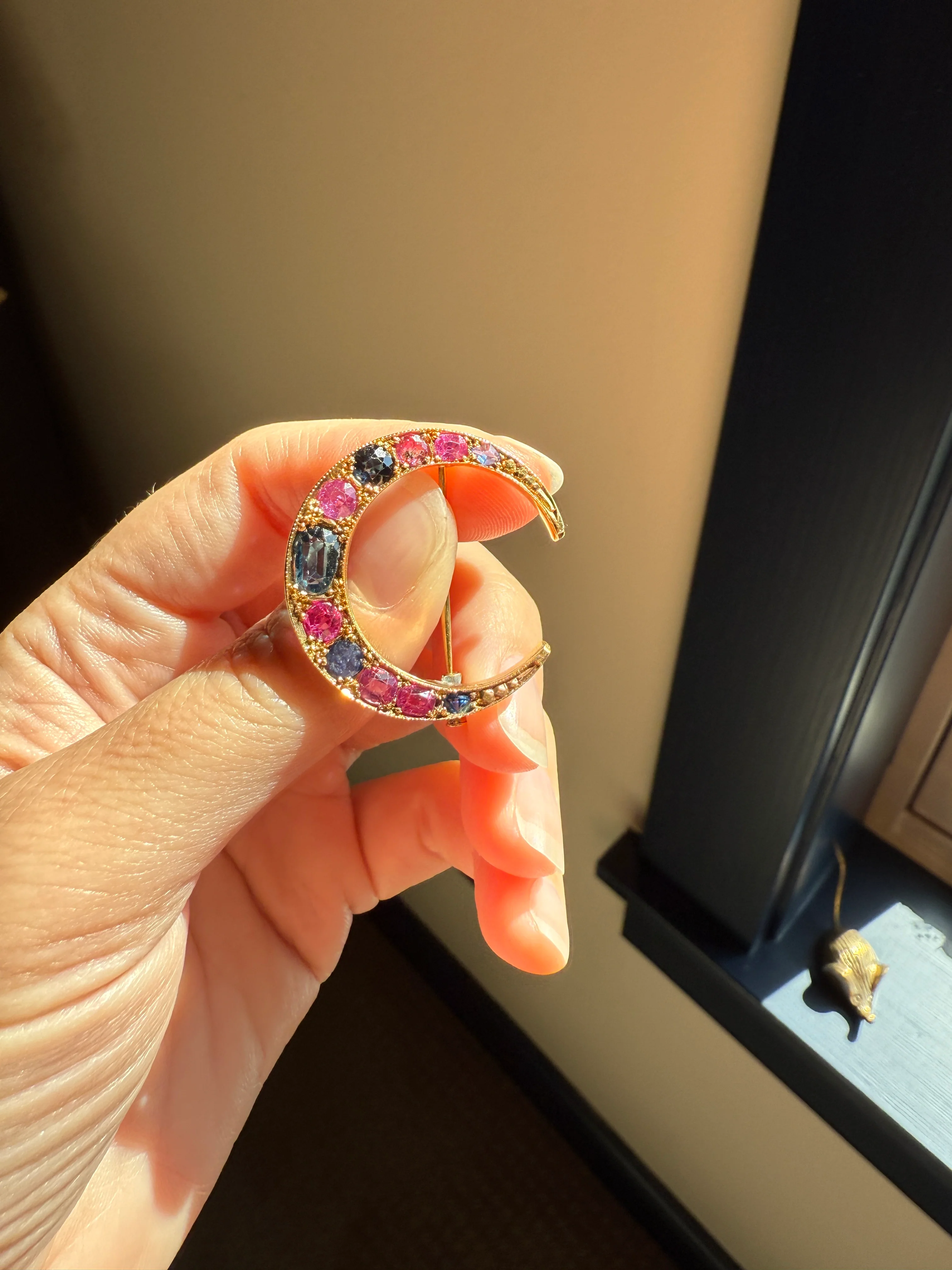 MOON Alternating Pink & Blue SAPPHIRE French Victorian ANTIQUE Pin Brooch for Pendant Romantic Gift Victorian - Image 13