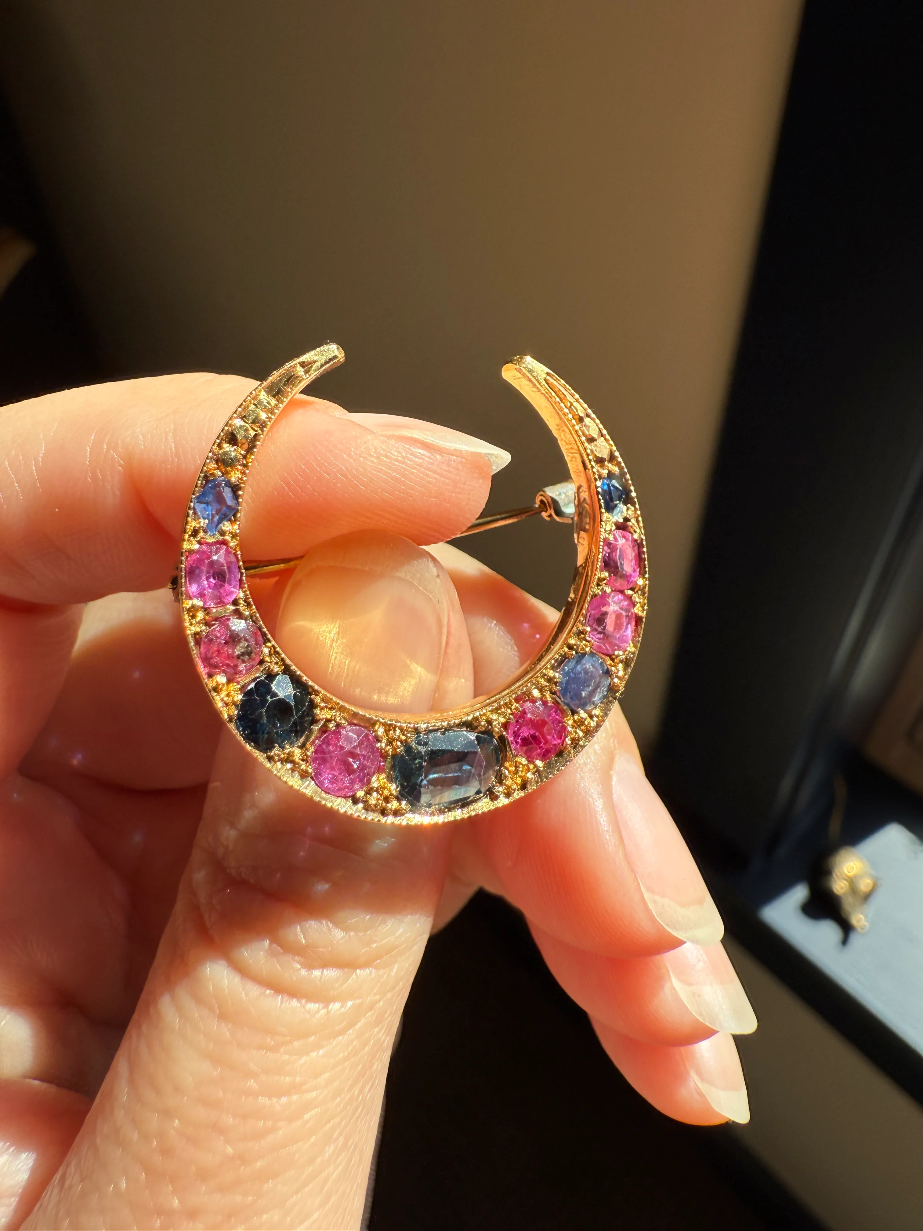 MOON Alternating Pink & Blue SAPPHIRE French Victorian ANTIQUE Pin Brooch for Pendant Romantic Gift Victorian - Image 14
