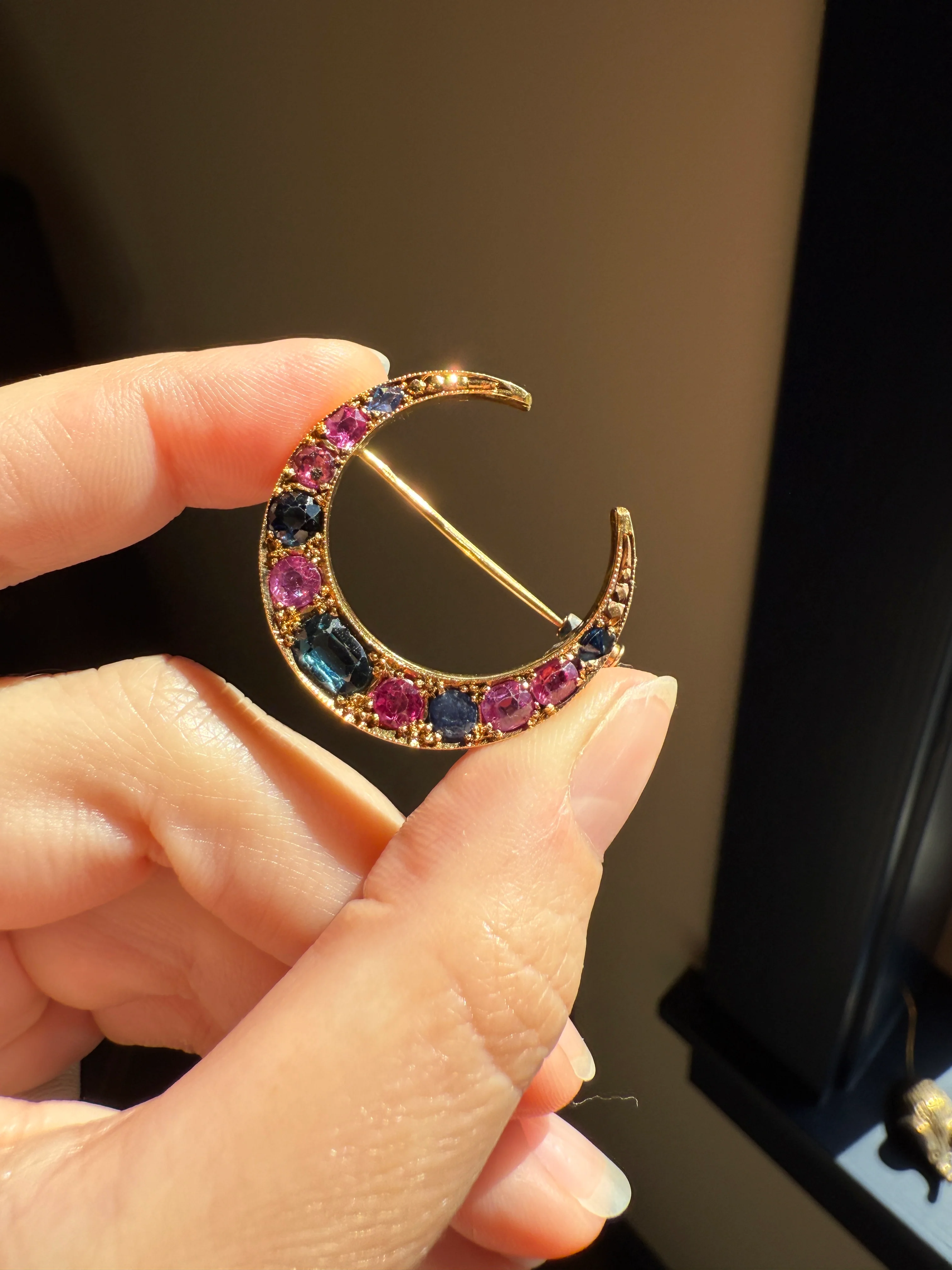 MOON Alternating Pink & Blue SAPPHIRE French Victorian ANTIQUE Pin Brooch for Pendant Romantic Gift Victorian - Image 15