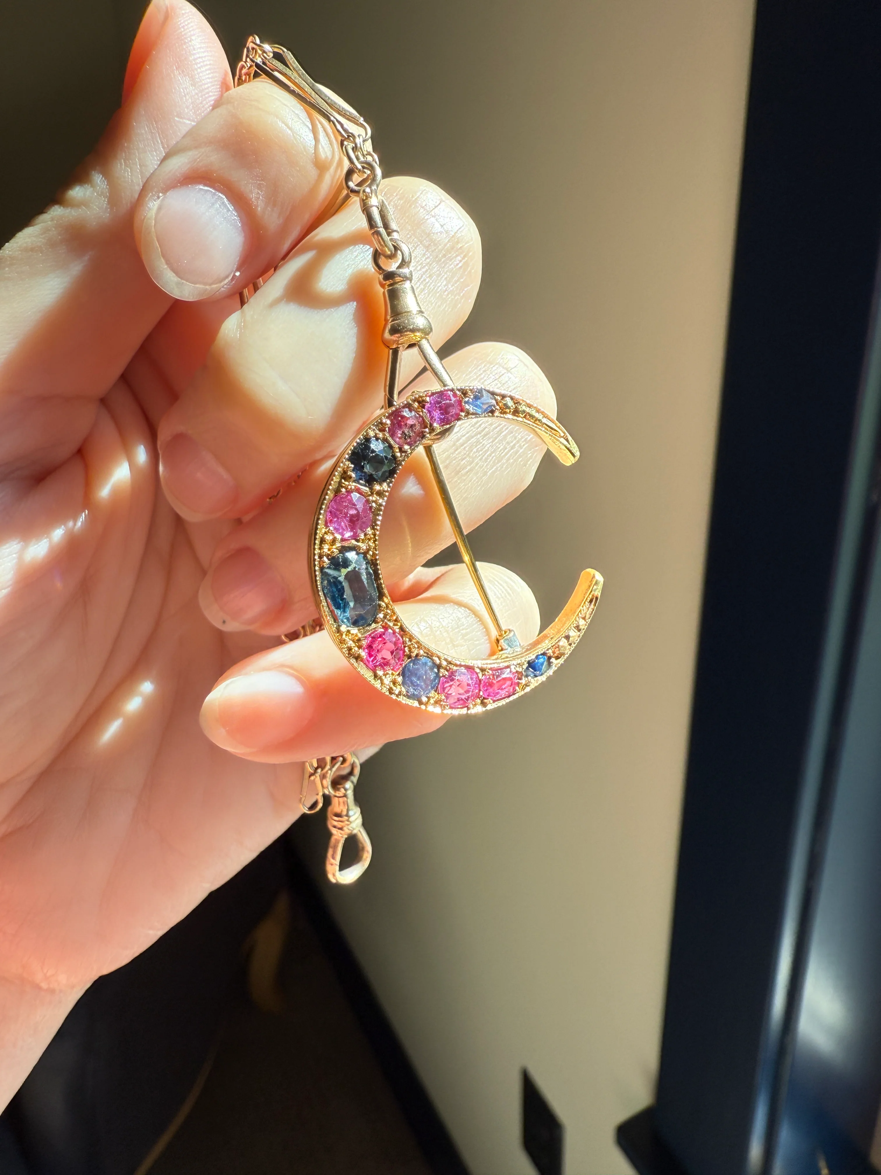 MOON Alternating Pink & Blue SAPPHIRE French Victorian ANTIQUE Pin Brooch for Pendant Romantic Gift Victorian - Image 20