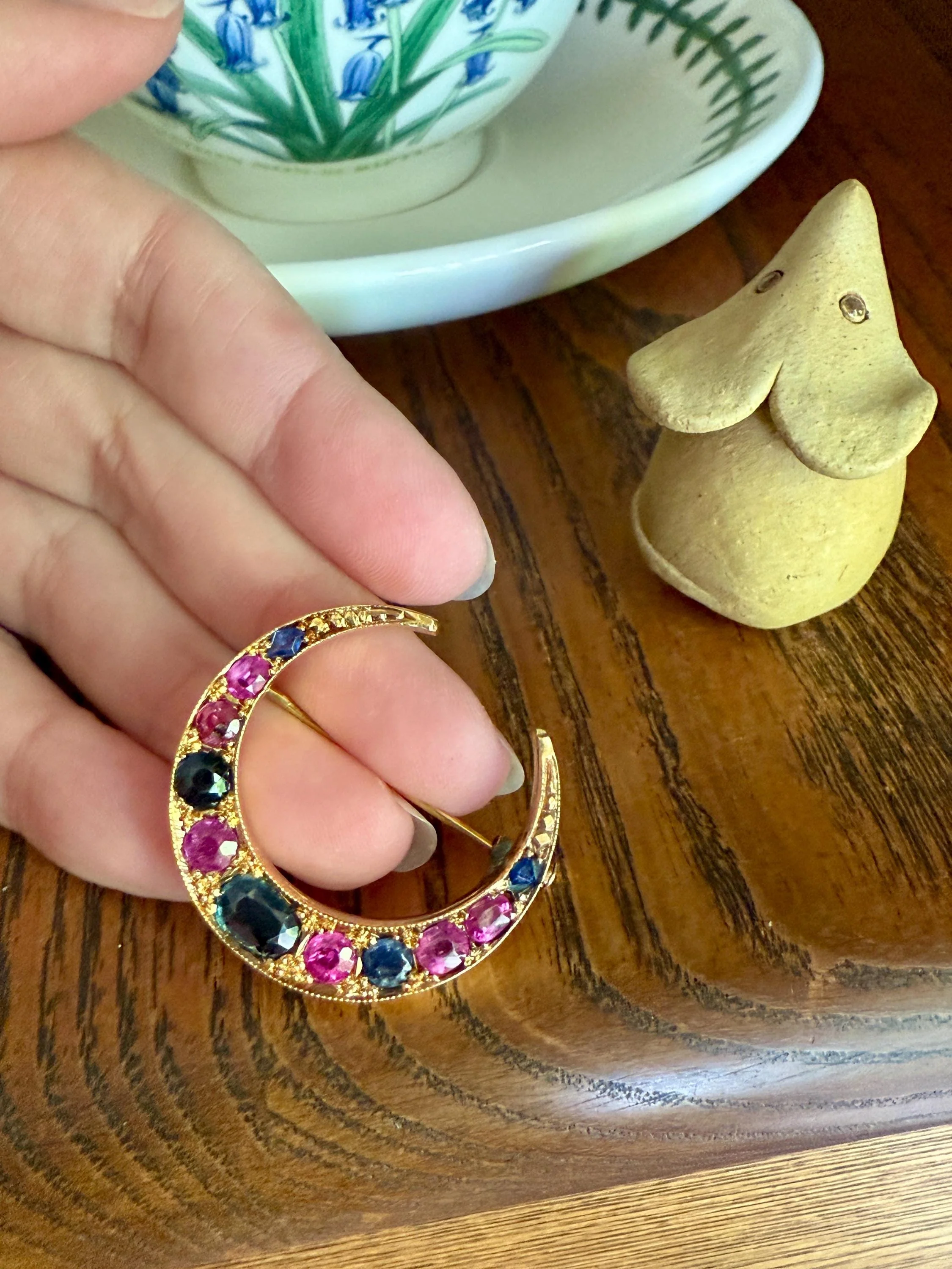 MOON Alternating Pink & Blue SAPPHIRE French Victorian ANTIQUE Pin Brooch for Pendant Romantic Gift Victorian - Image 3
