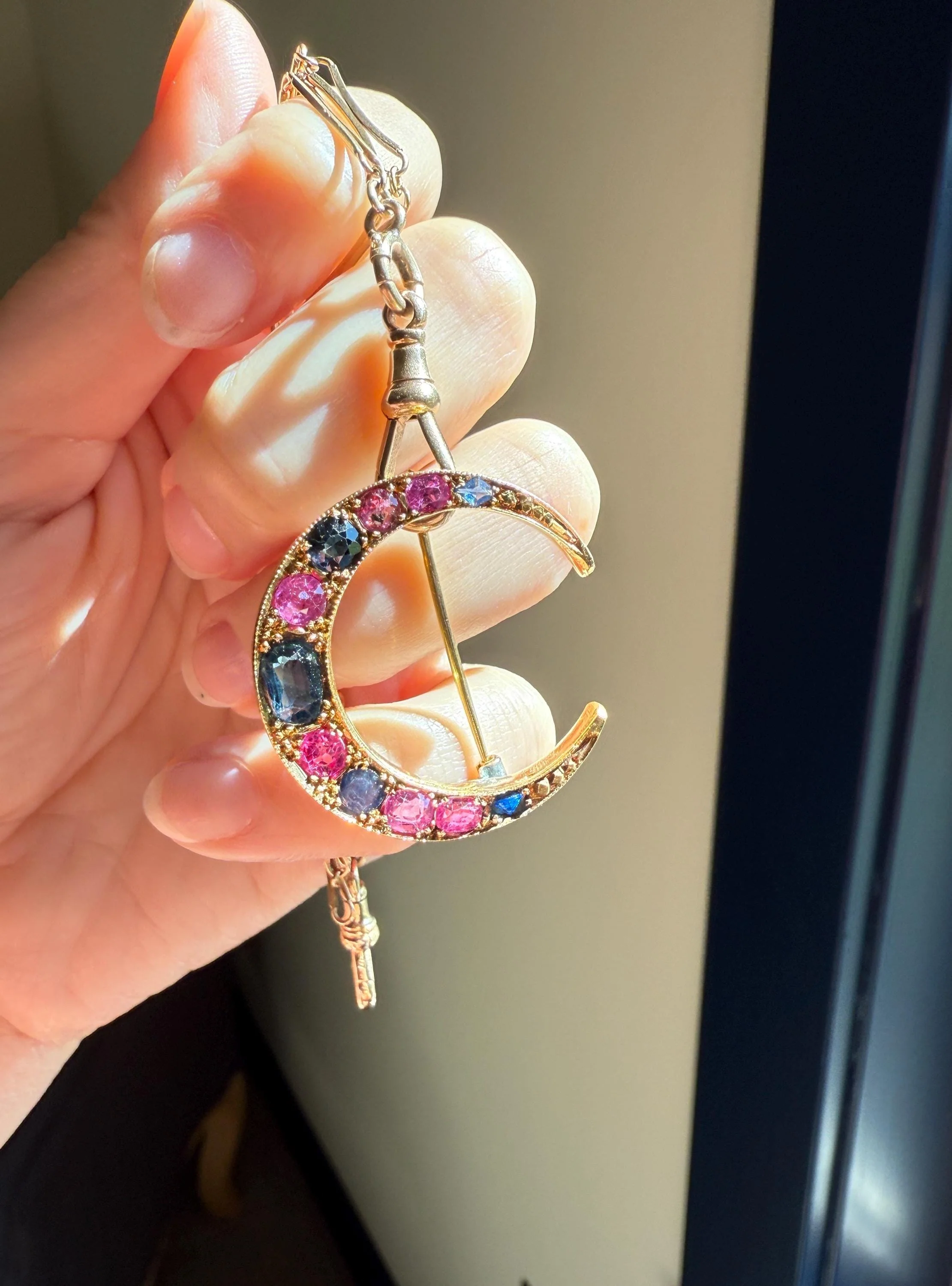 MOON Alternating Pink & Blue SAPPHIRE French Victorian ANTIQUE Pin Brooch for Pendant Romantic Gift Victorian - Image 5