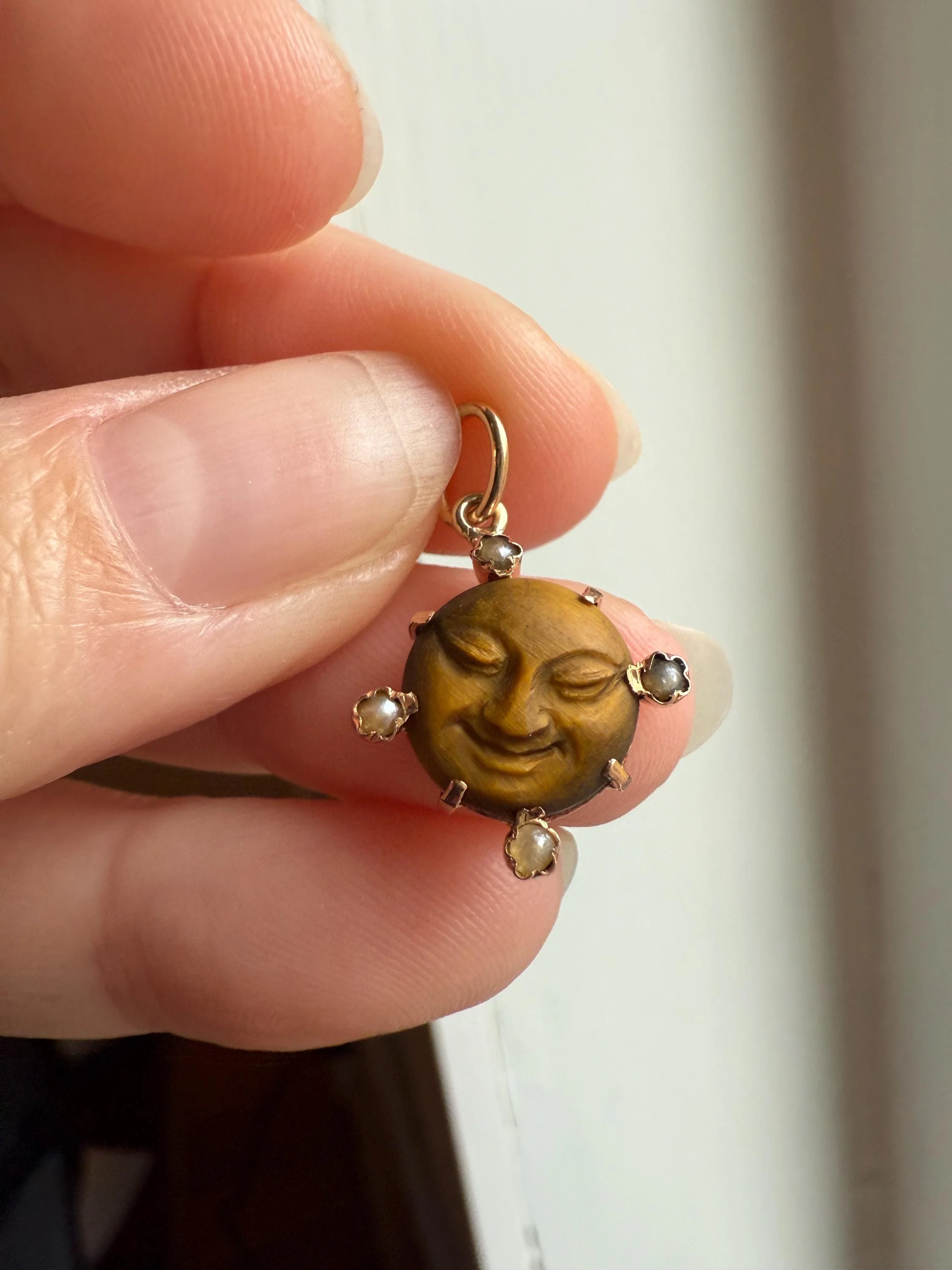 MOON Antique Carve Catseye Chyrsoberyl Pearl Smiling Man Face French Victorian 18k Gold Figural Pendant Belle Epoque Necklace Bracelet Charm - Image 2
