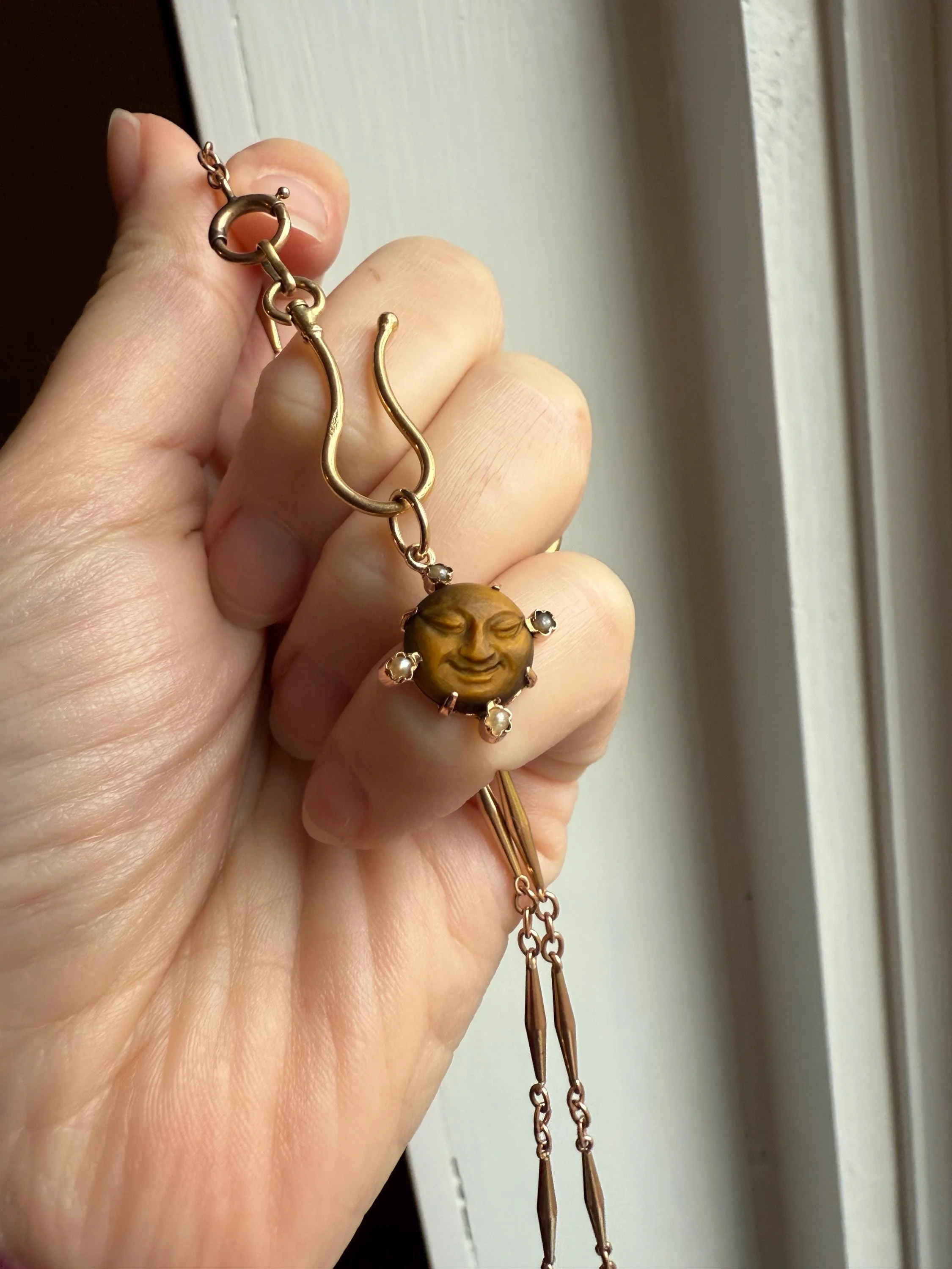 MOON Antique Carve Catseye Chyrsoberyl Pearl Smiling Man Face French Victorian 18k Gold Figural Pendant Belle Epoque Necklace Bracelet Charm - Image 5