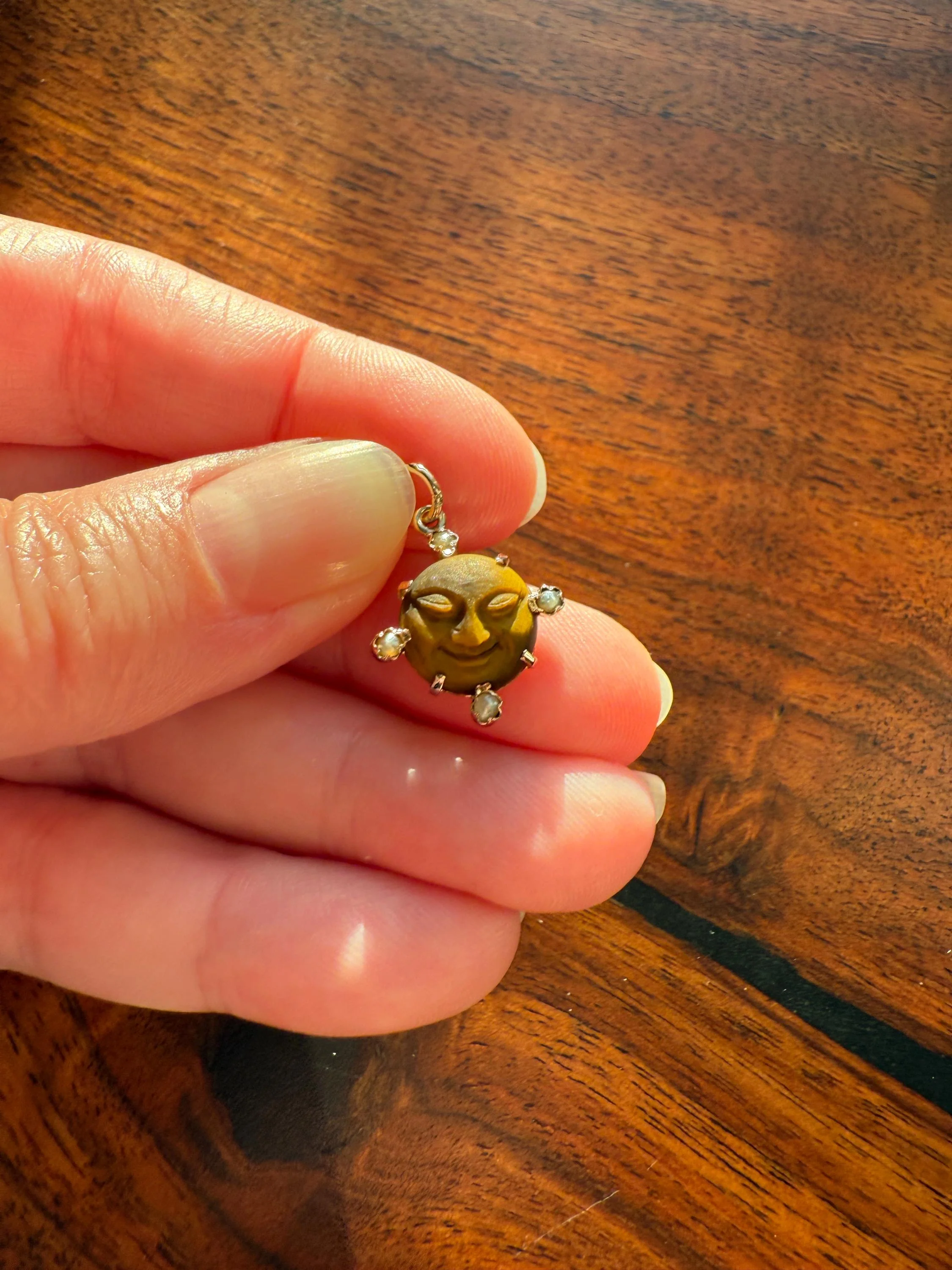MOON Antique Carve Catseye Chyrsoberyl Pearl Smiling Man Face French Victorian 18k Gold Figural Pendant Belle Epoque Necklace Bracelet Charm - Image 7
