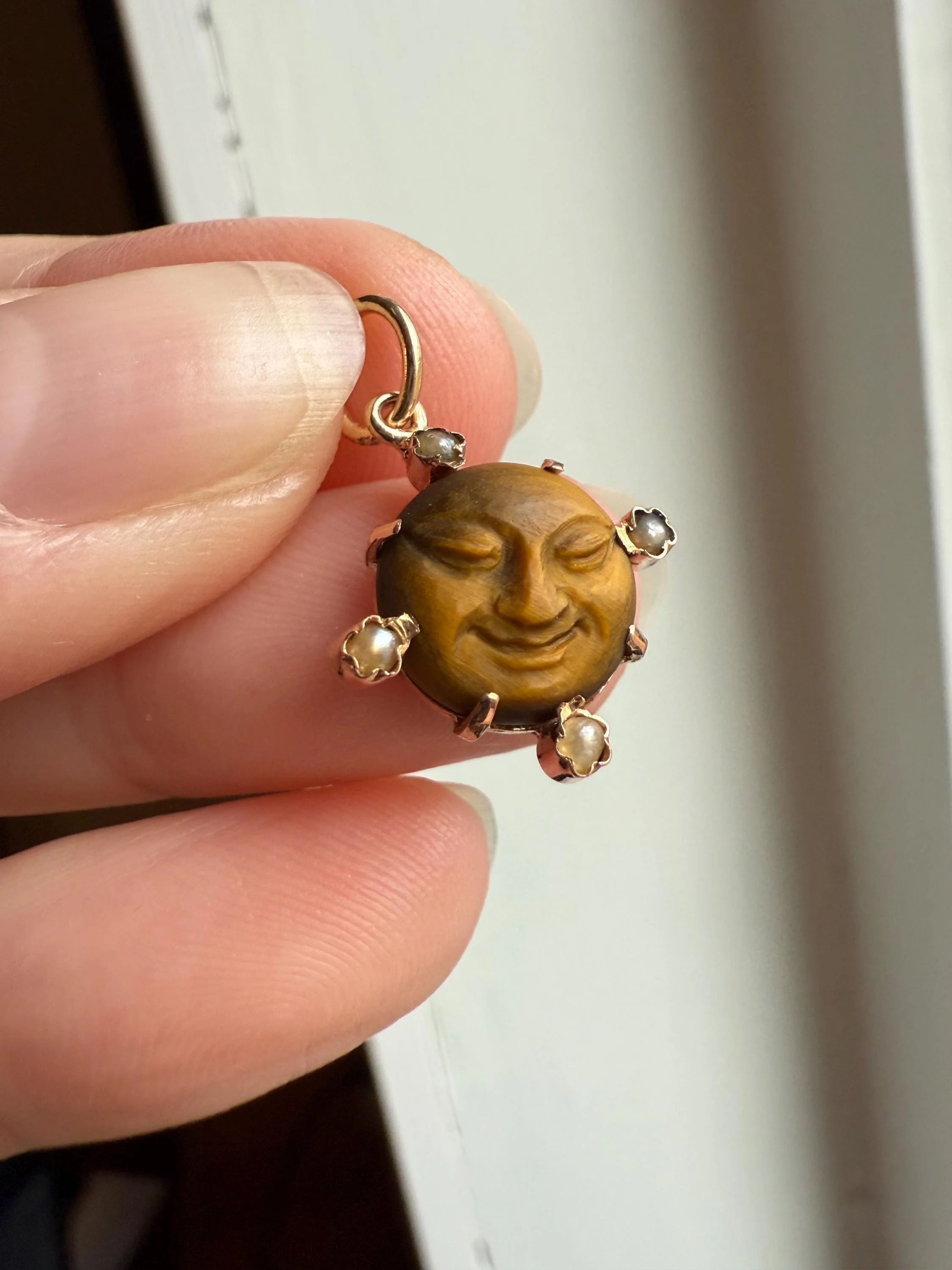 MOON Antique Carve Catseye Chyrsoberyl Pearl Smiling Man Face French Victorian 18k Gold Figural Pendant Belle Epoque Necklace Bracelet Charm - Image 8
