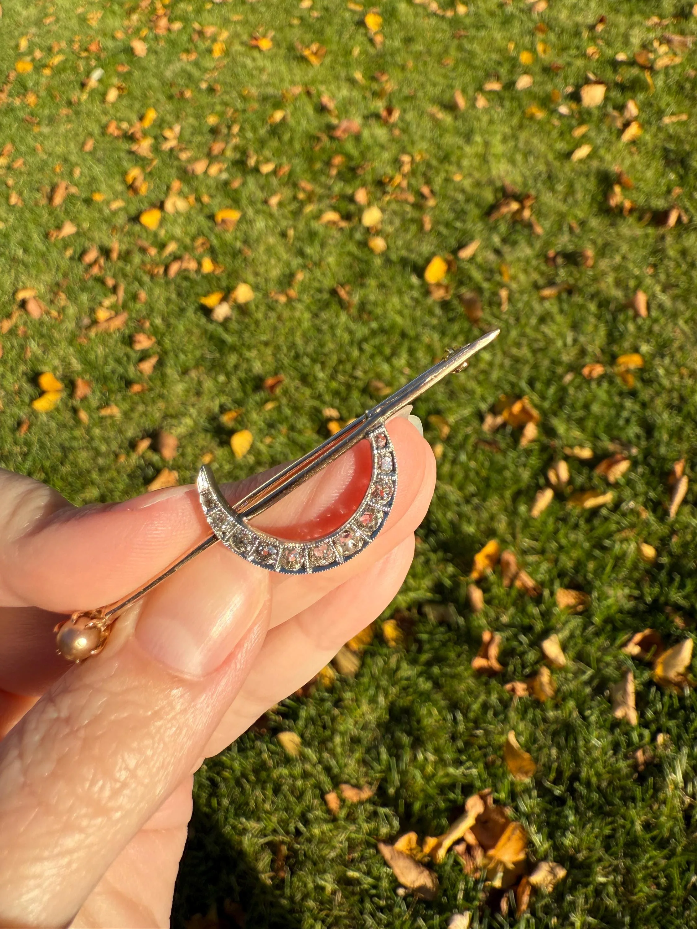 MOON Crescent Brooch .85 Carat + Rose Old Mine DIAMOND 14k Gold Platinum Extender Connector Pendant Pin Charm Holder Figural Celestial Pearl - Image 11