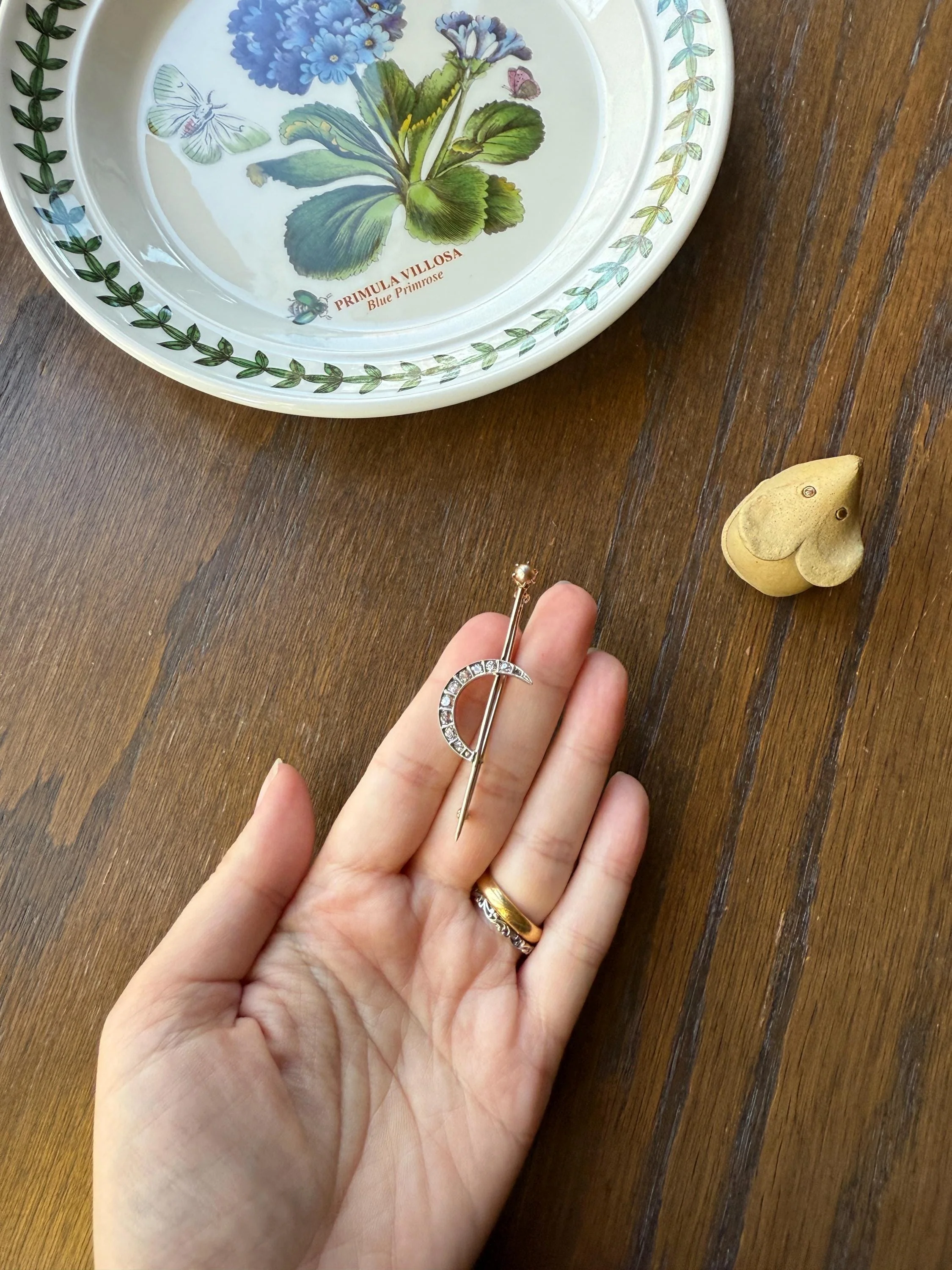 MOON Crescent Brooch .85 Carat + Rose Old Mine DIAMOND 14k Gold Platinum Extender Connector Pendant Pin Charm Holder Figural Celestial Pearl - Image 12