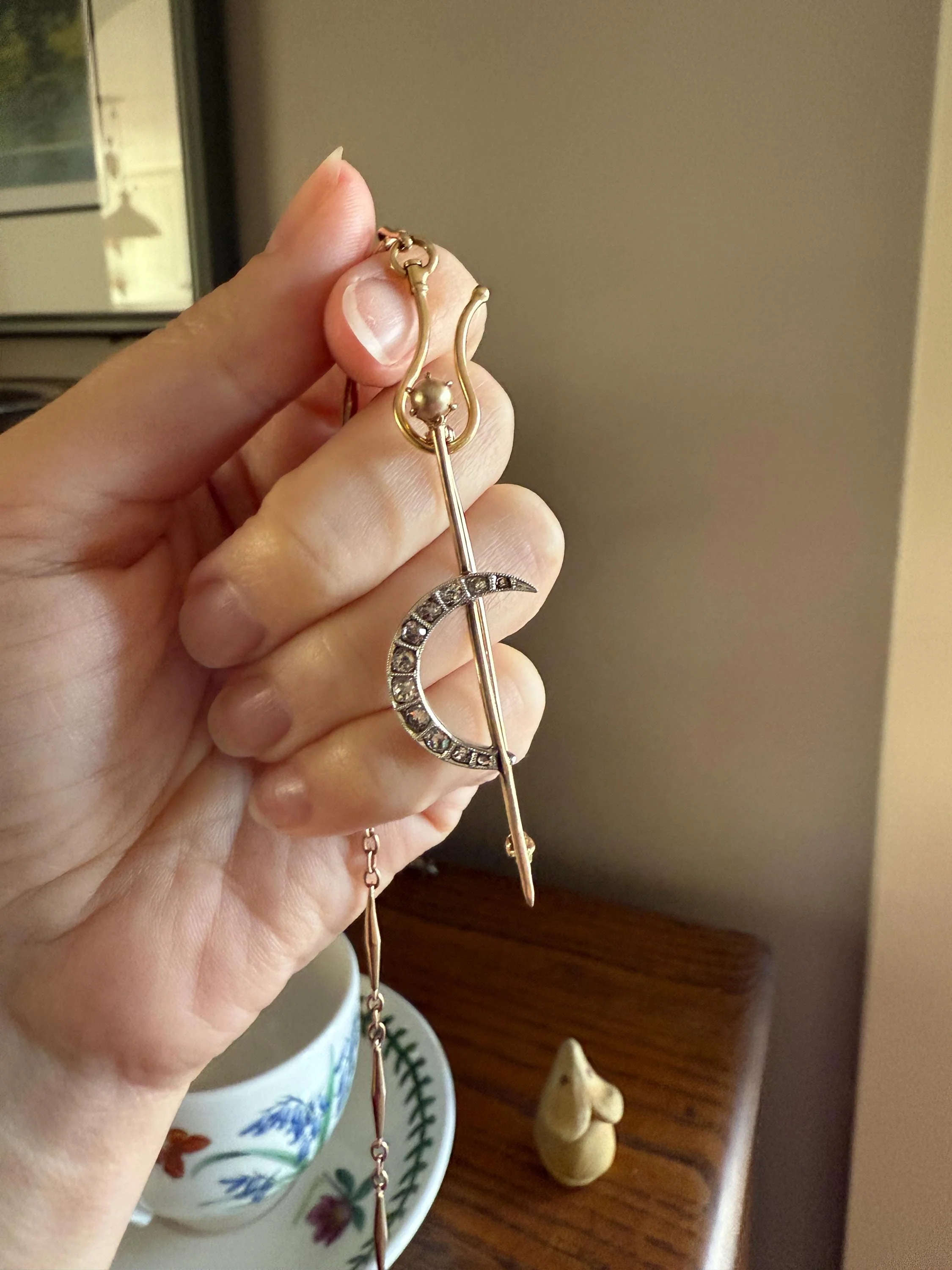 MOON Crescent Brooch .85 Carat + Rose Old Mine DIAMOND 14k Gold Platinum Extender Connector Pendant Pin Charm Holder Figural Celestial Pearl - Image 13