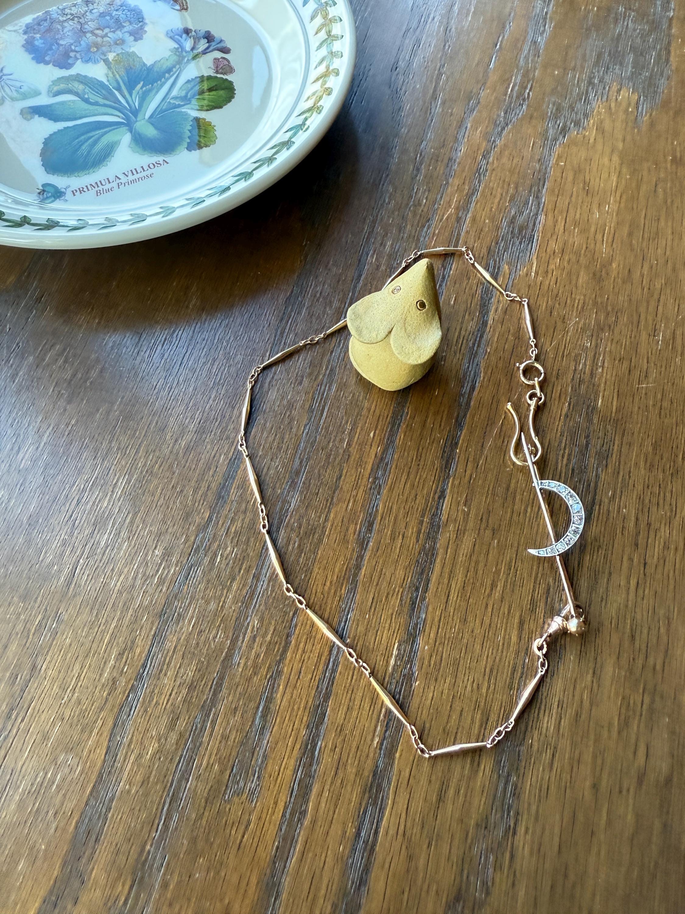 MOON Crescent Brooch .85 Carat + Rose Old Mine DIAMOND 14k Gold Platinum Extender Connector Pendant Pin Charm Holder Figural Celestial Pearl - Image 15