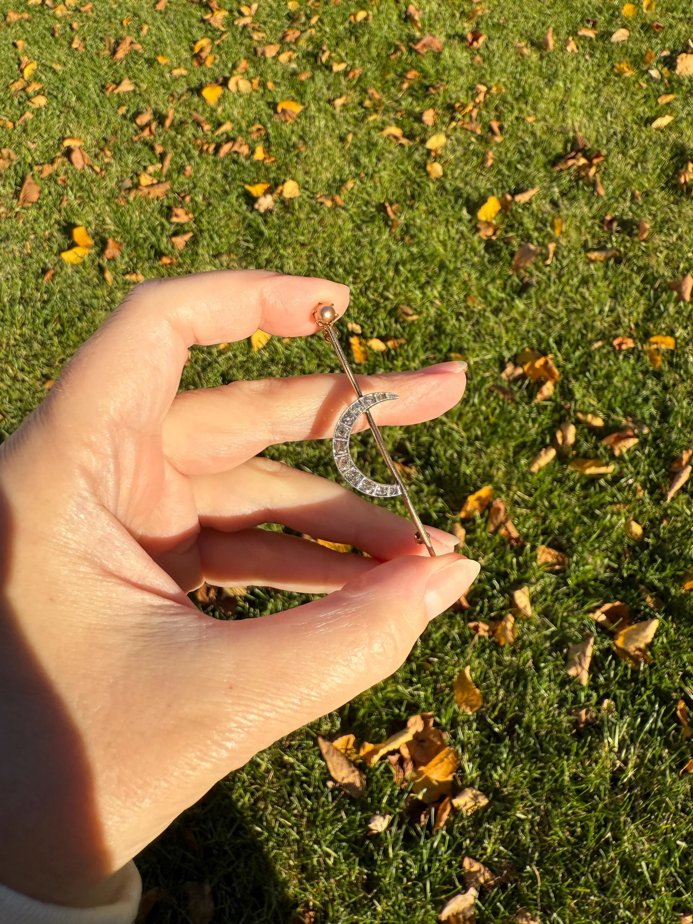 MOON Crescent Brooch .85 Carat + Rose Old Mine DIAMOND 14k Gold Platinum Extender Connector Pendant Pin Charm Holder Figural Celestial Pearl - Image 16