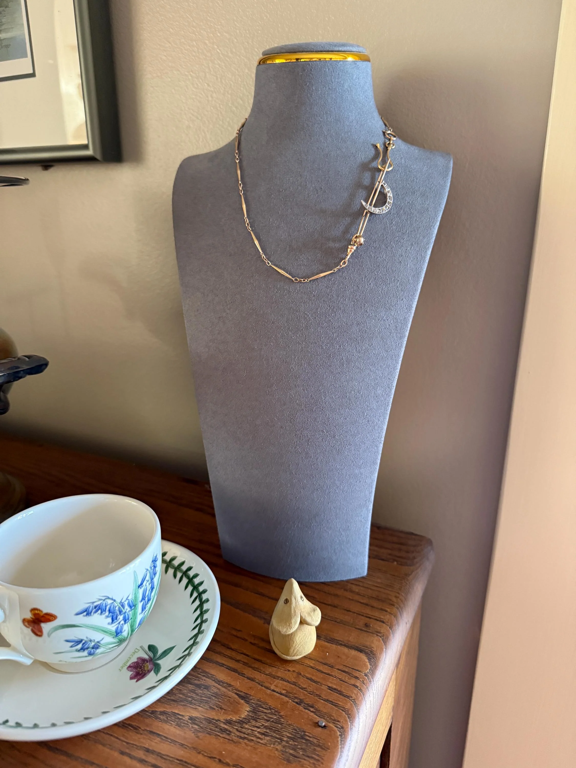 MOON Crescent Brooch .85 Carat + Rose Old Mine DIAMOND 14k Gold Platinum Extender Connector Pendant Pin Charm Holder Figural Celestial Pearl - Image 18