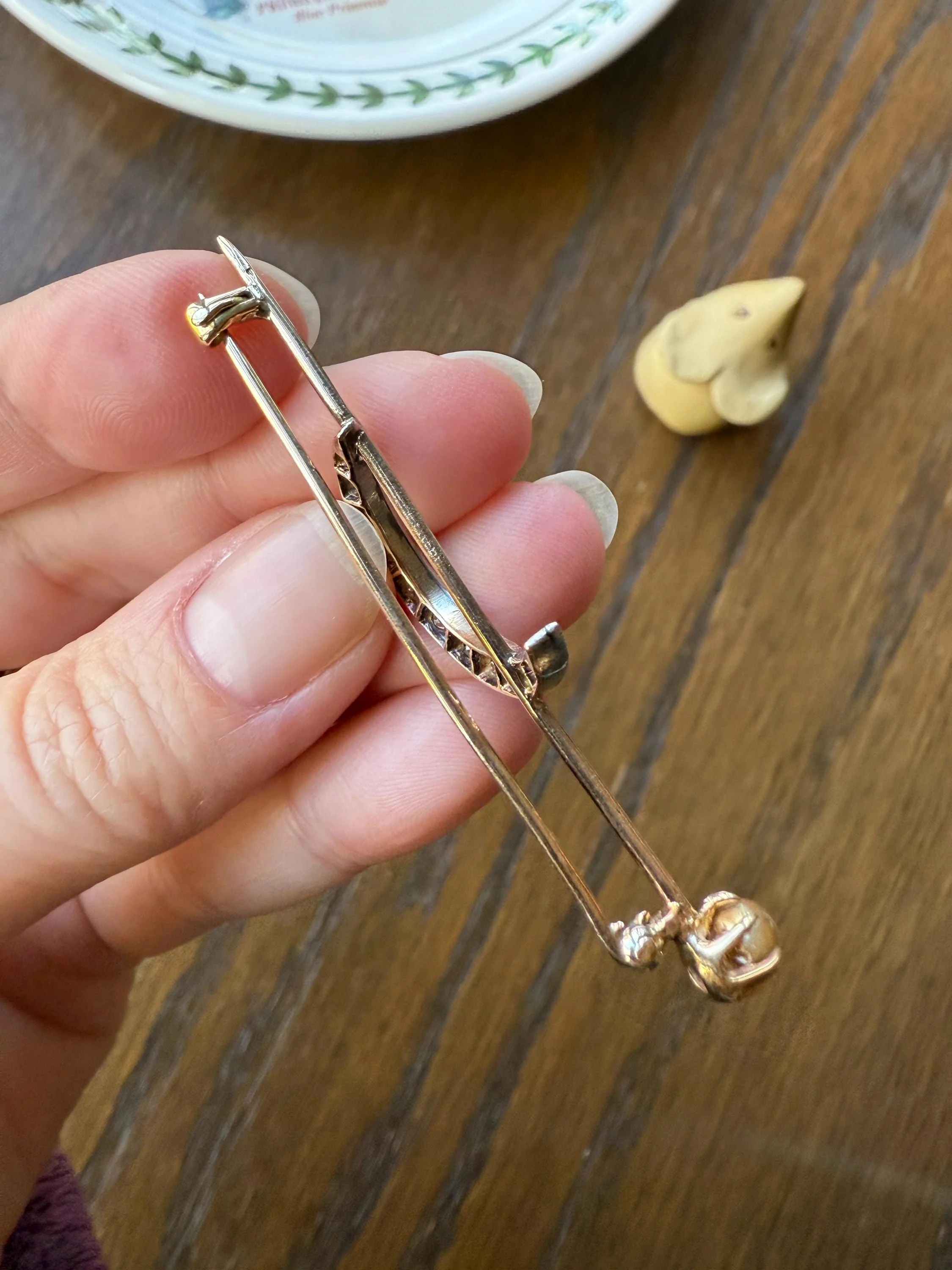 MOON Crescent Brooch .85 Carat + Rose Old Mine DIAMOND 14k Gold Platinum Extender Connector Pendant Pin Charm Holder Figural Celestial Pearl - Image 19