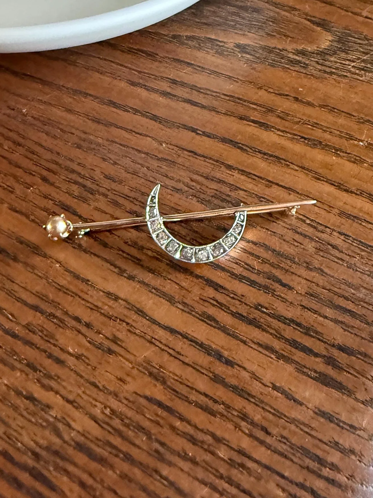 MOON Crescent Brooch .85 Carat + Rose Old Mine DIAMOND 14k Gold Platinum Extender Connector Pendant Pin Charm Holder Figural Celestial Pearl - Image 2