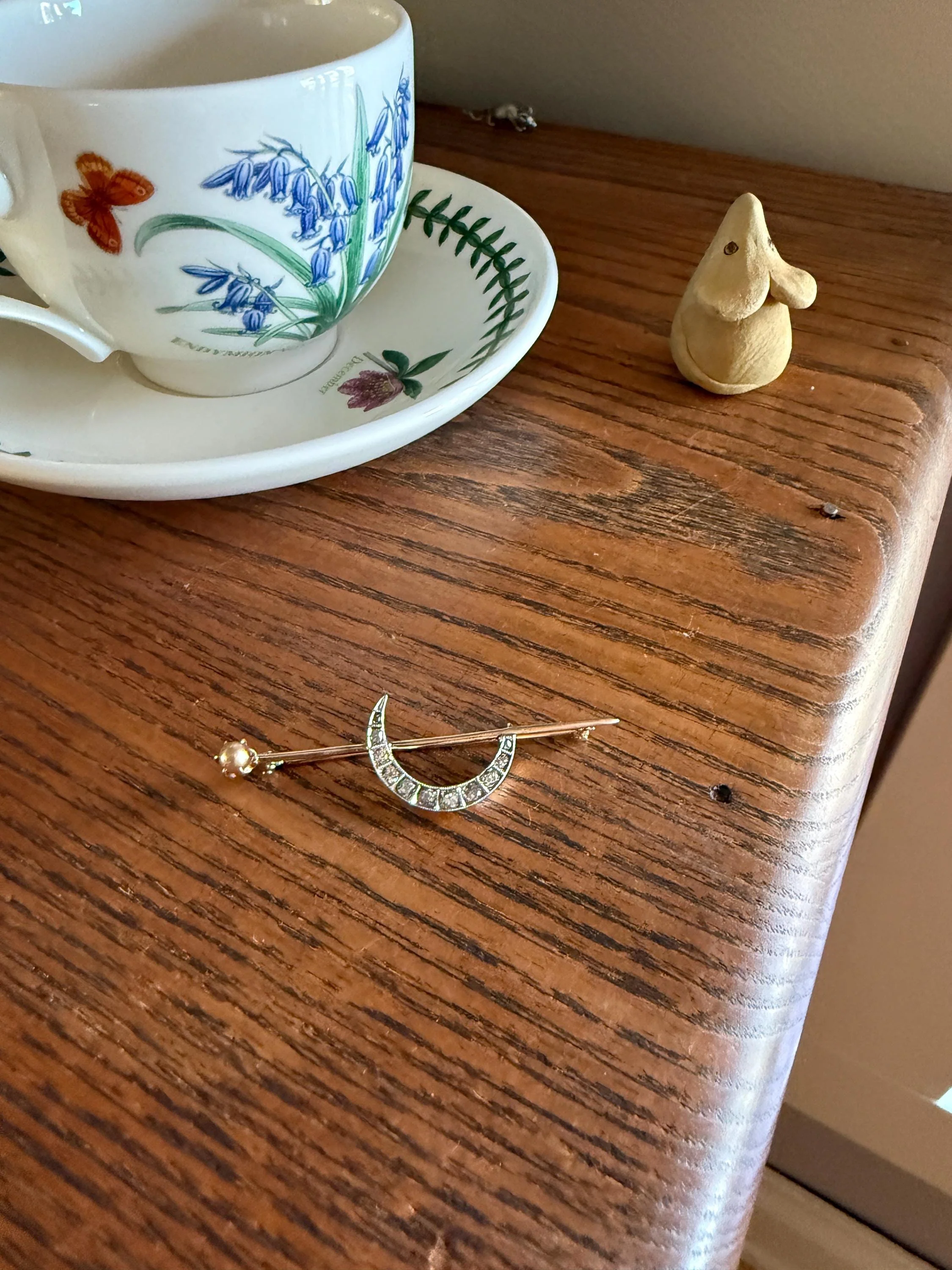 MOON Crescent Brooch .85 Carat + Rose Old Mine DIAMOND 14k Gold Platinum Extender Connector Pendant Pin Charm Holder Figural Celestial Pearl - Image 20
