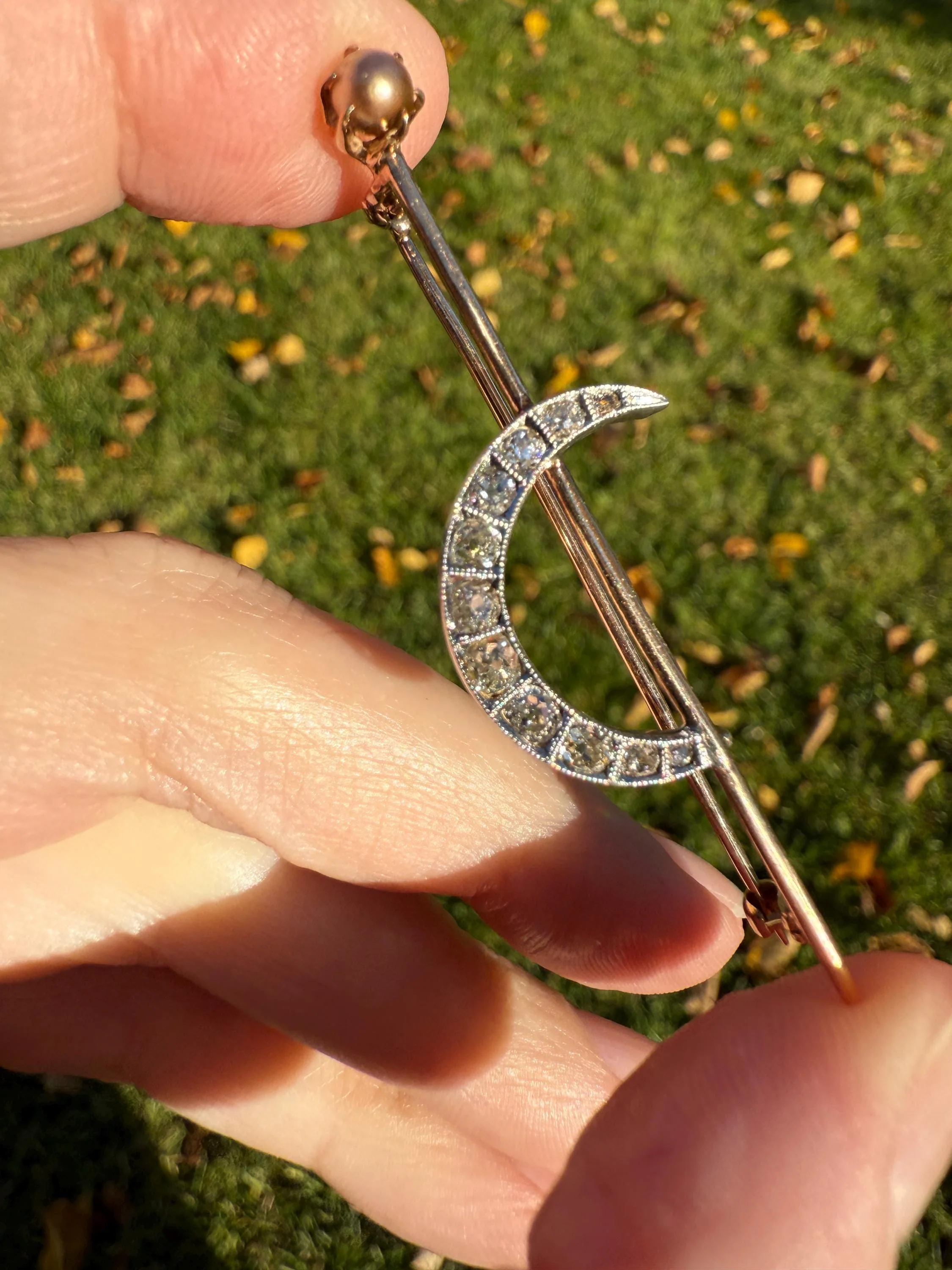 MOON Crescent Brooch .85 Carat + Rose Old Mine DIAMOND 14k Gold Platinum Extender Connector Pendant Pin Charm Holder Figural Celestial Pearl - Image 3